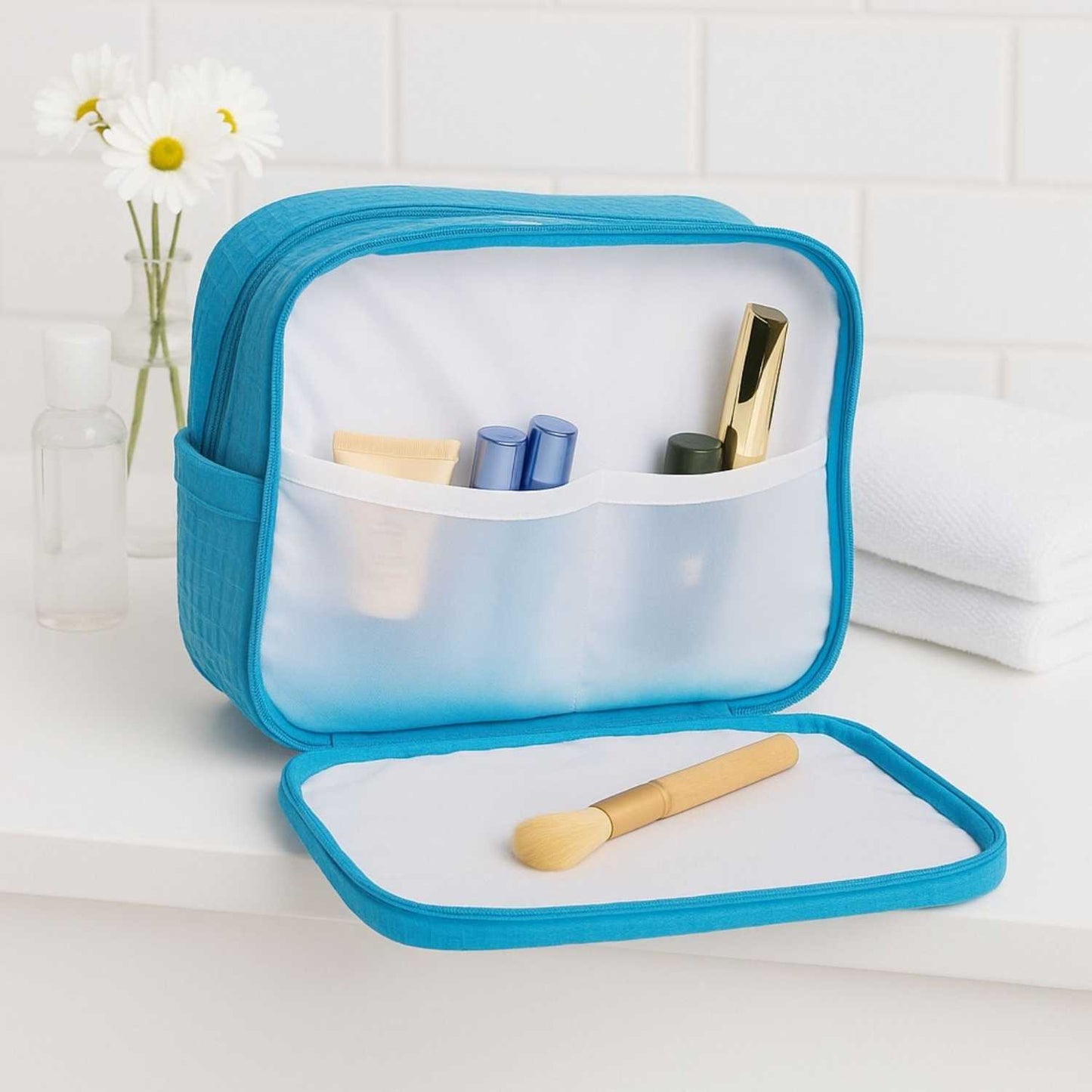Elegani Waffle Weave Large Cosmetic Bag – 9.75" x 4" x 7" Travel Makeup Organizer with Dual Zippered Compartments, 3 Interior Pockets, Water-Repellent Lining-Aqua Blue