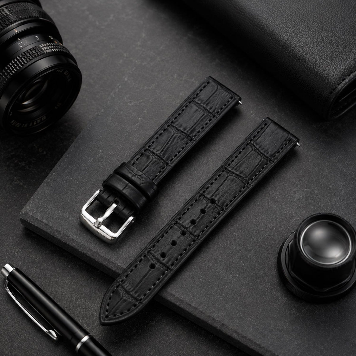 Leather & Rubber Hybrid Watch Replacement Band Compatible with Omega x Swatch MoonSwatch 20mm, Black