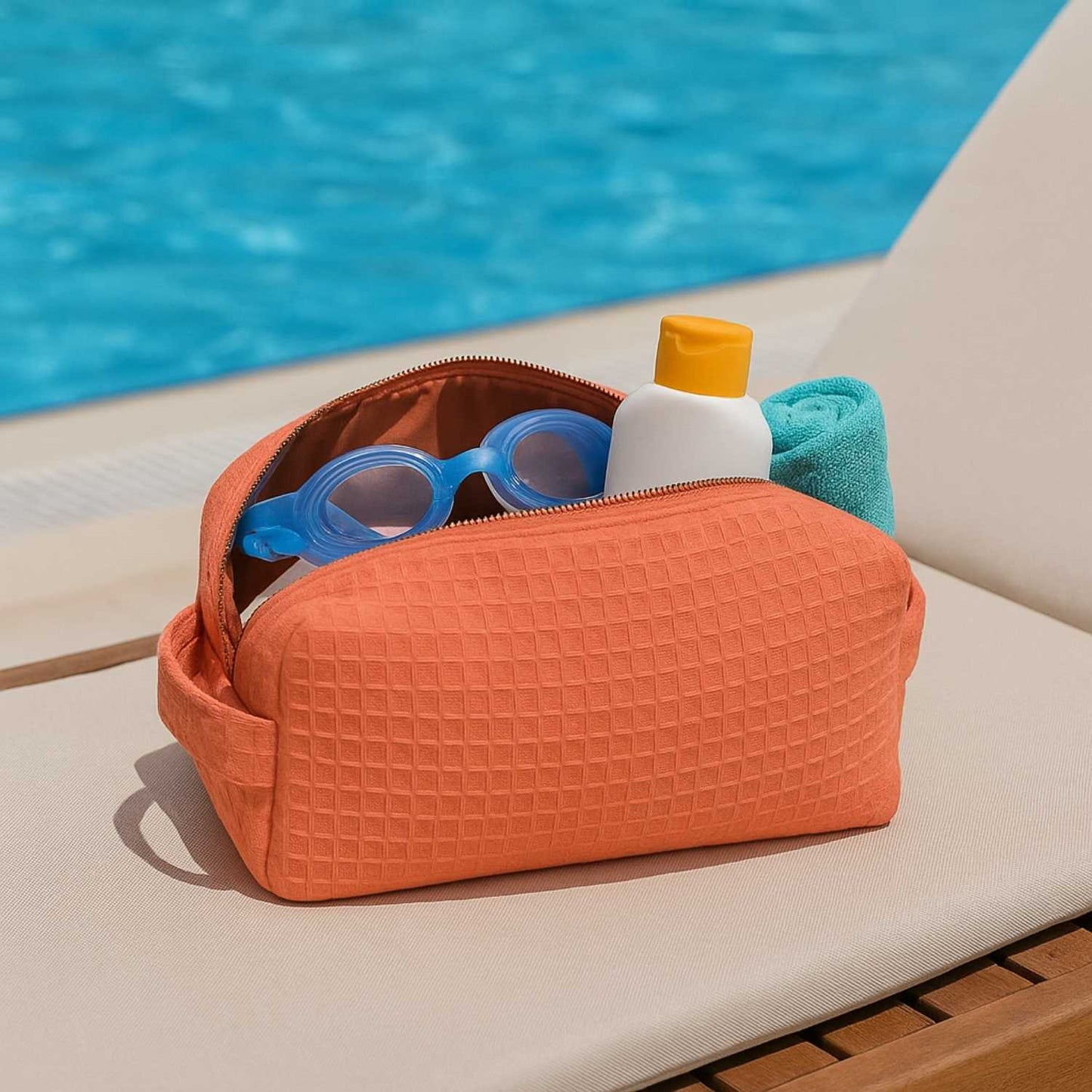 Elegani Waffle Weave Cosmetic Bag – 8" x 3.5" x 3.25" Travel Makeup Organizer with Zippered Compartment, Water-Repellent Lining-Coral
