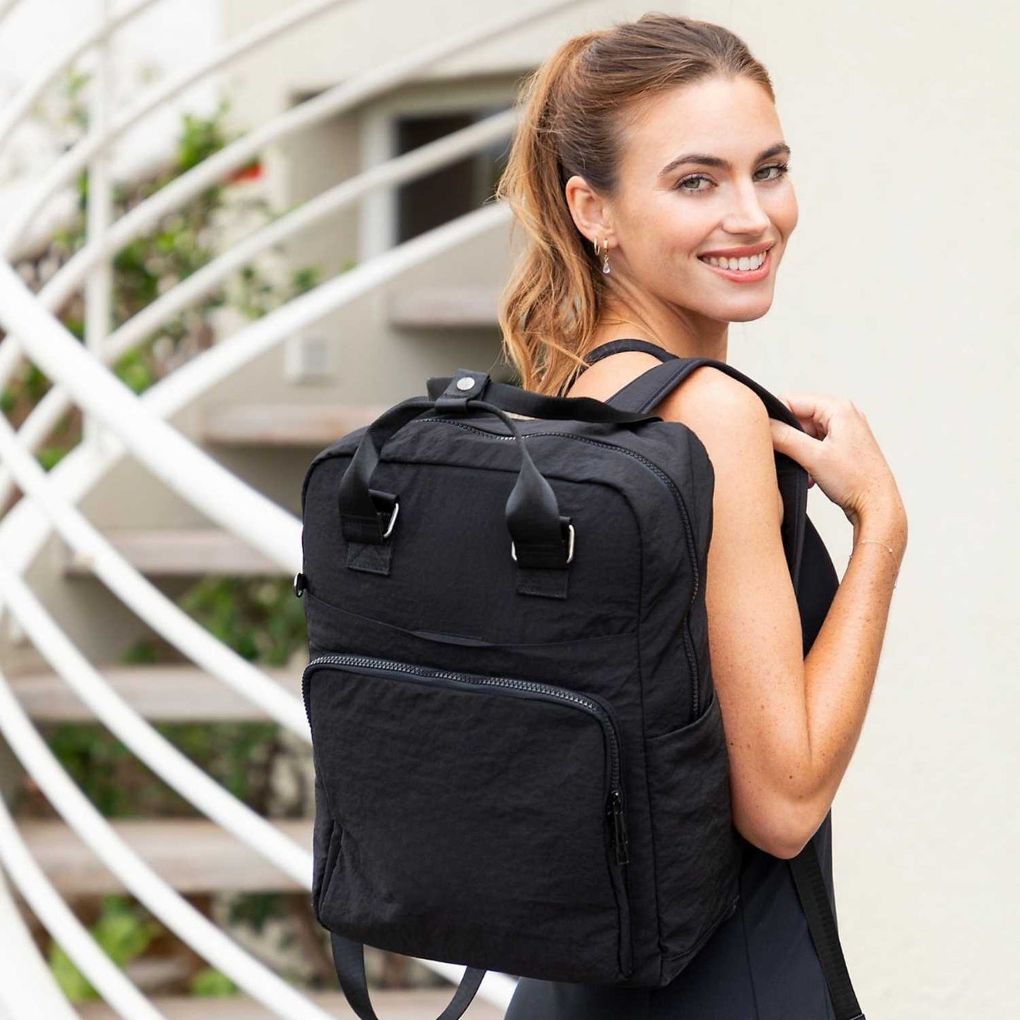 Elegani Essential Tote Backpack – 11.41" x 15.35" x 5.11" Eco-Friendly Recycled Waterproof Nylon, 14.7L Capacity, Fits 15" Laptop, Multiple Compartments-Black