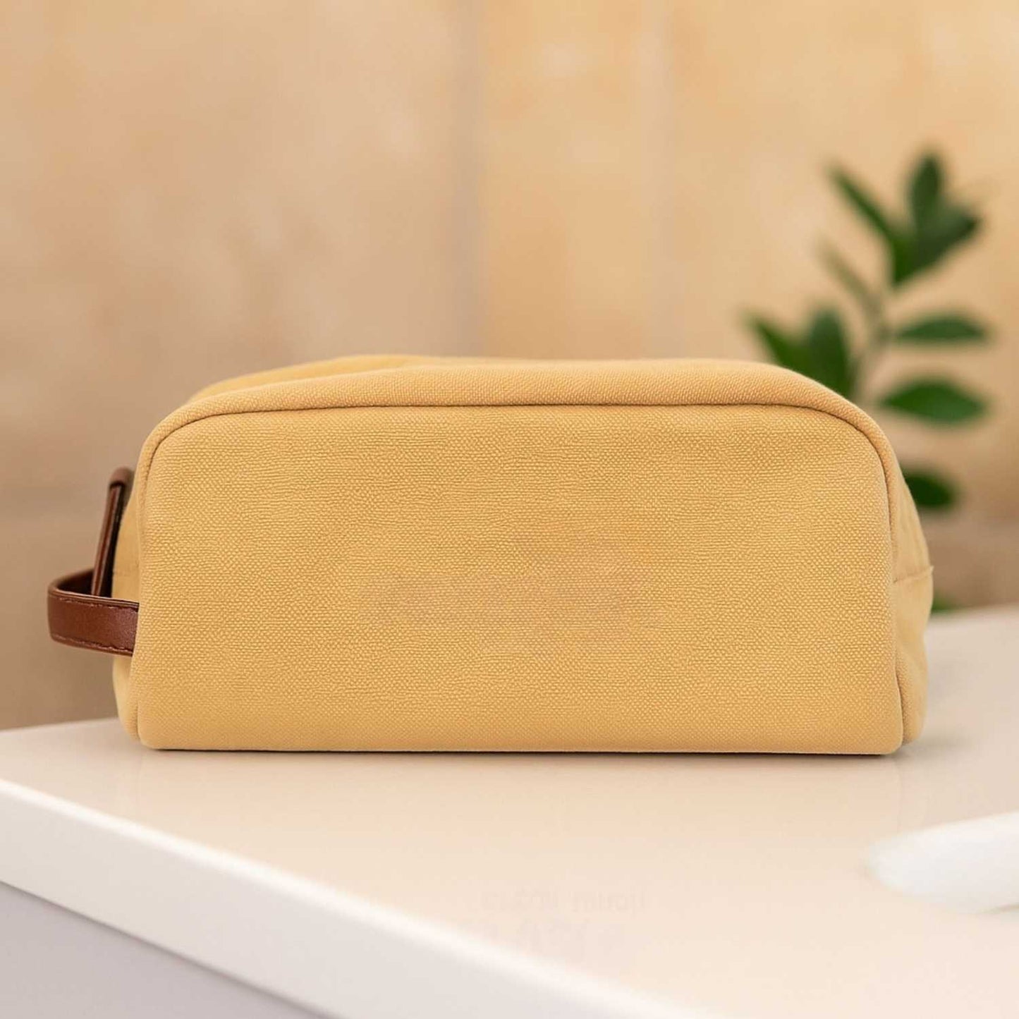 Elegani Touring Luxe Toiletry Bag – 9.84" x 4.72" x 5.90", Eco-Friendly Recycled Canvas with PU Accents-Tan