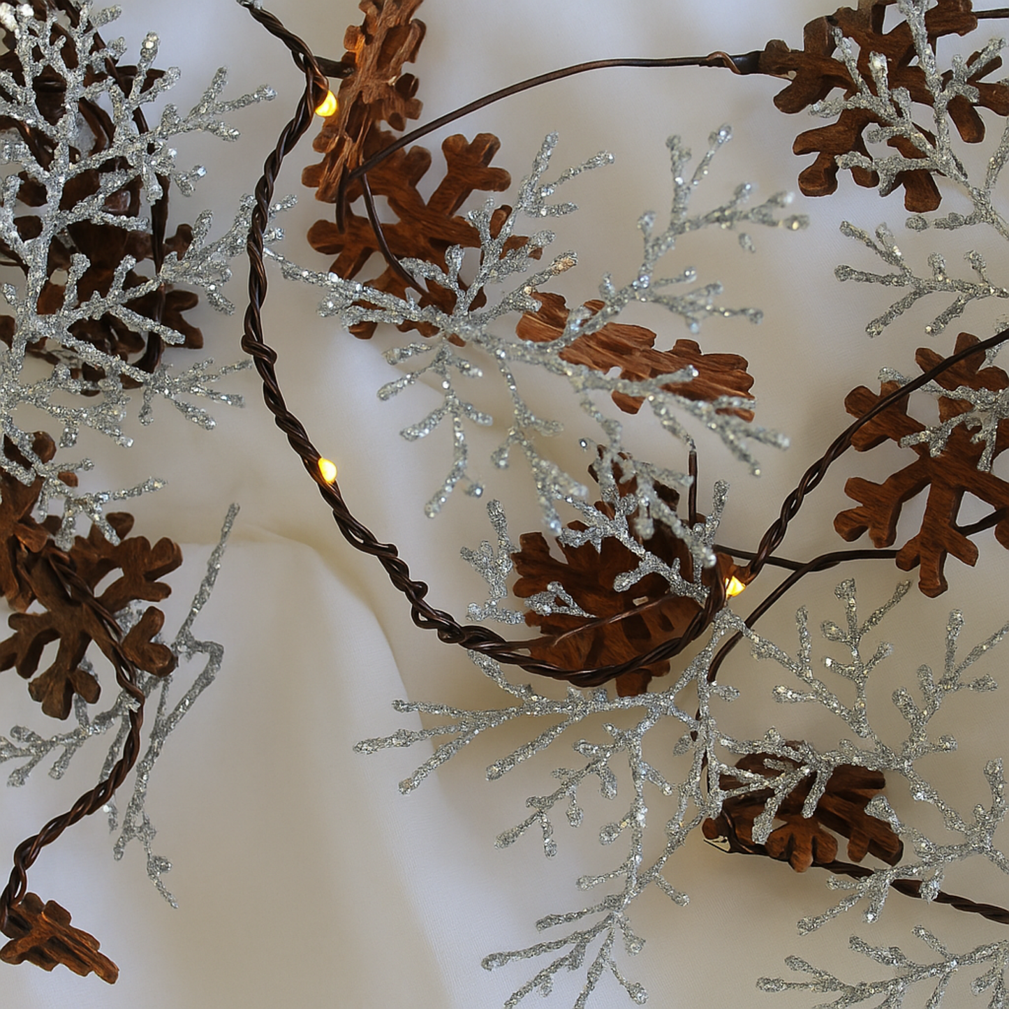 Elegani 20 LED Glitter Snowflake Fairy Lights – 7.5ft Copper Wire String Light with Large & Small Glittered Snowflakes, Warm White Glow for Holiday Mantel, Table & Wreath Decor