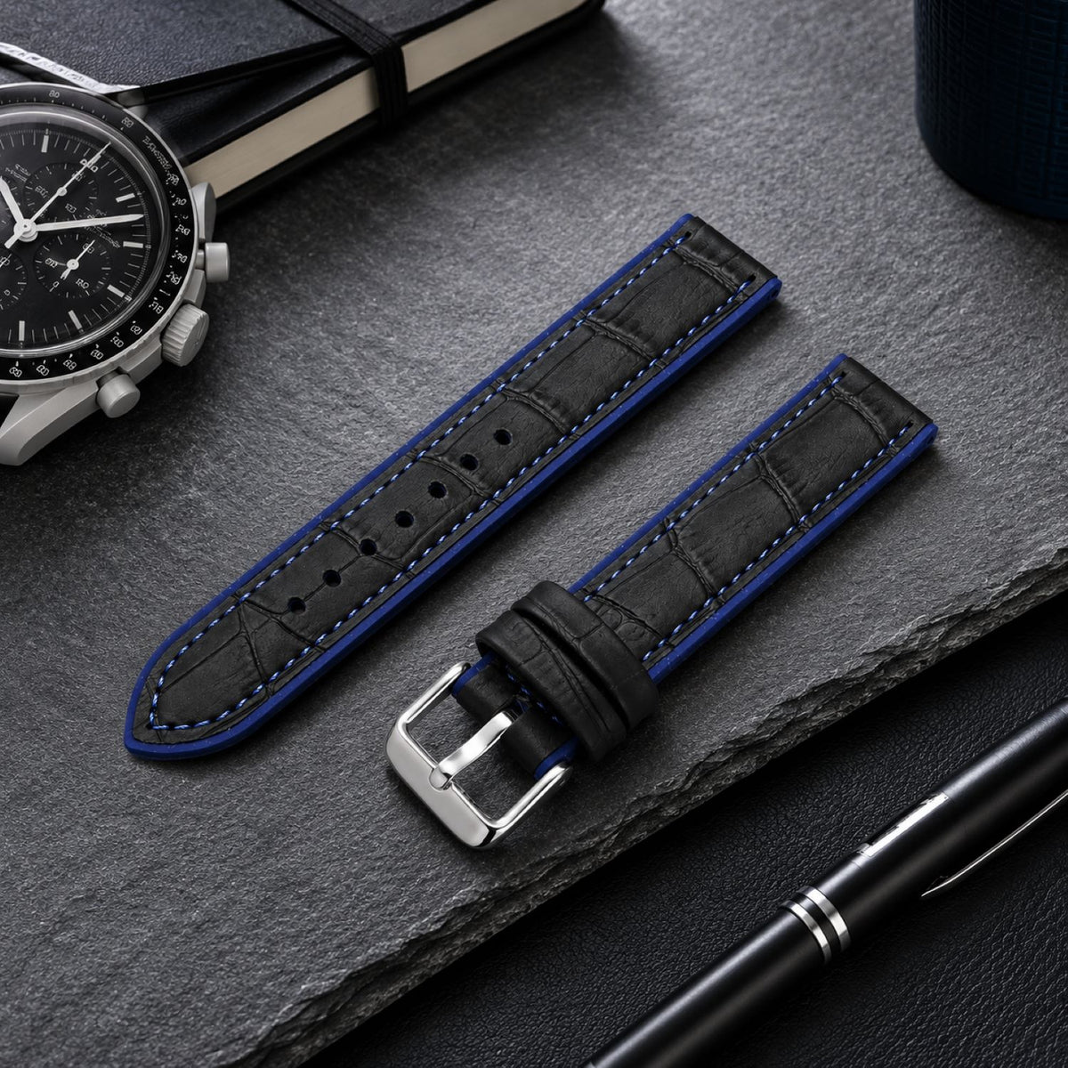 Leather & Rubber Hybrid Watch Replacement Band Compatible with Omega x Swatch MoonSwatch 20mm, Black/Blue