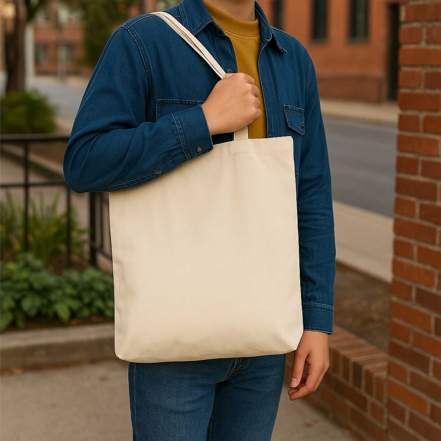 Elegani Deluxe Canvas Tote Bag with Striped Handles – 15" x 16" Eco-Friendly Recycled Cotton & Polyester-Natural