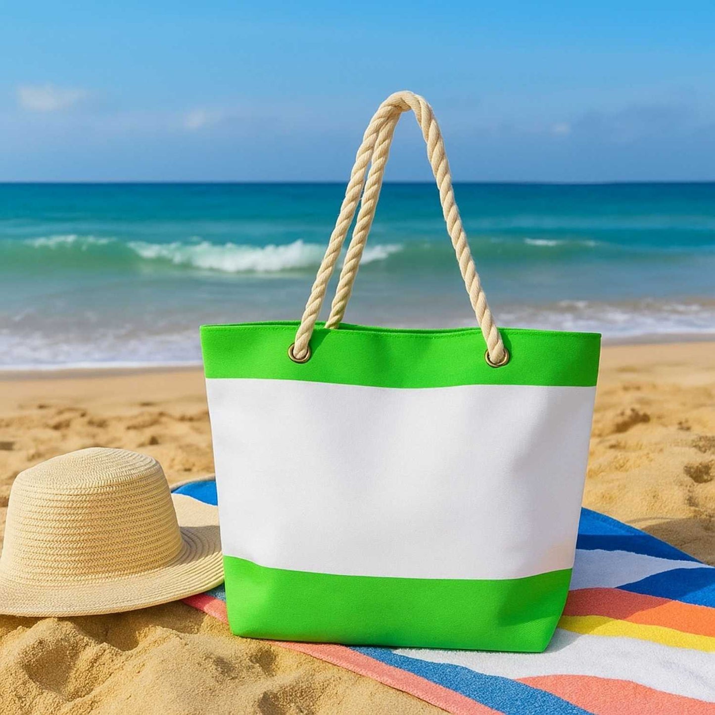 Elegani Nautical Beach Bag – 21" x 16" x 6" Canvas Tote with Cotton Rope Handles, Top Zipper Closure-Lime Green