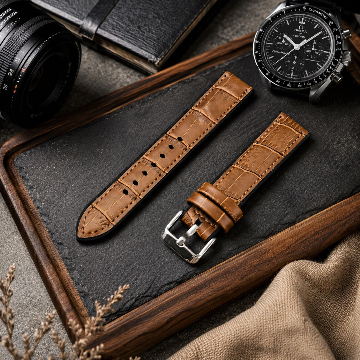 Leather & Rubber Hybrid Watch Replacement Band Compatible with Omega x Swatch MoonSwatch 20mm, Brown/Black