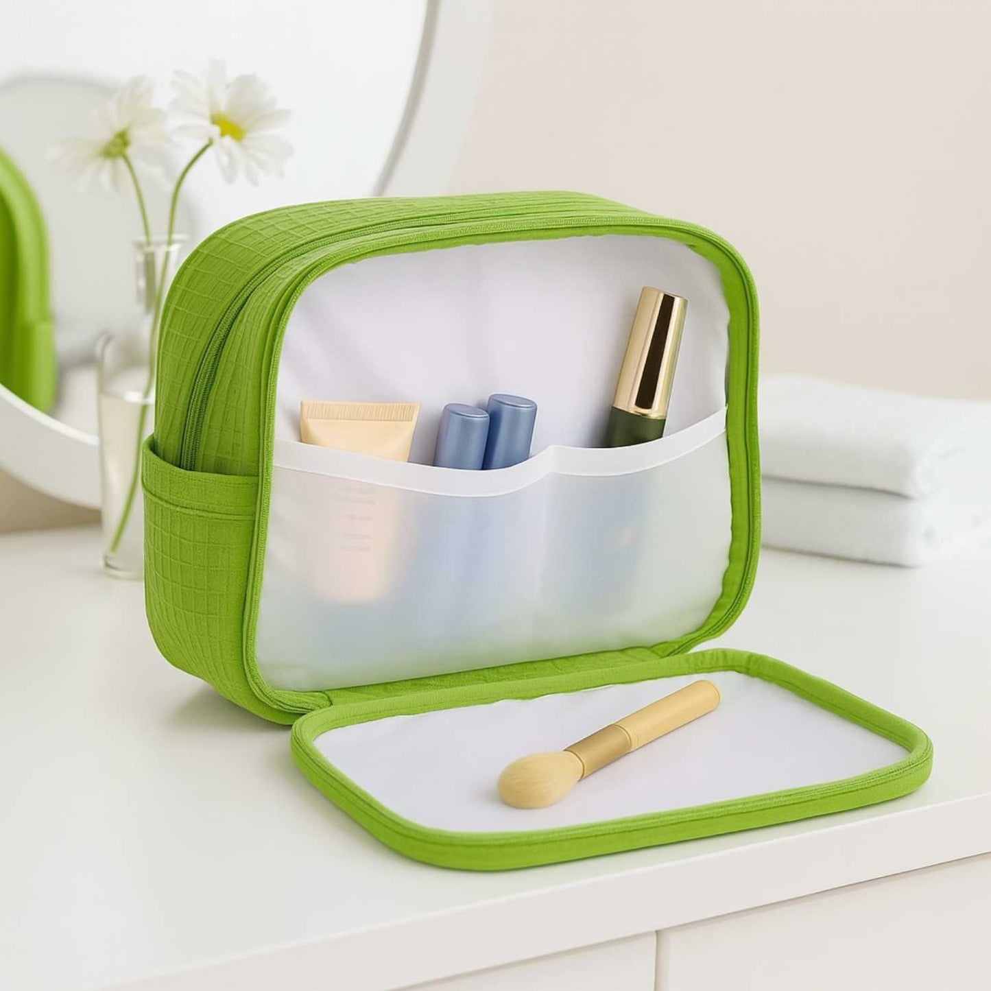 Elegani Waffle Weave Large Cosmetic Bag – 9.75" x 4" x 7" Travel Makeup Organizer with Dual Zippered Compartments, 3 Interior Pockets, Water-Repellent Lining-Lime Green