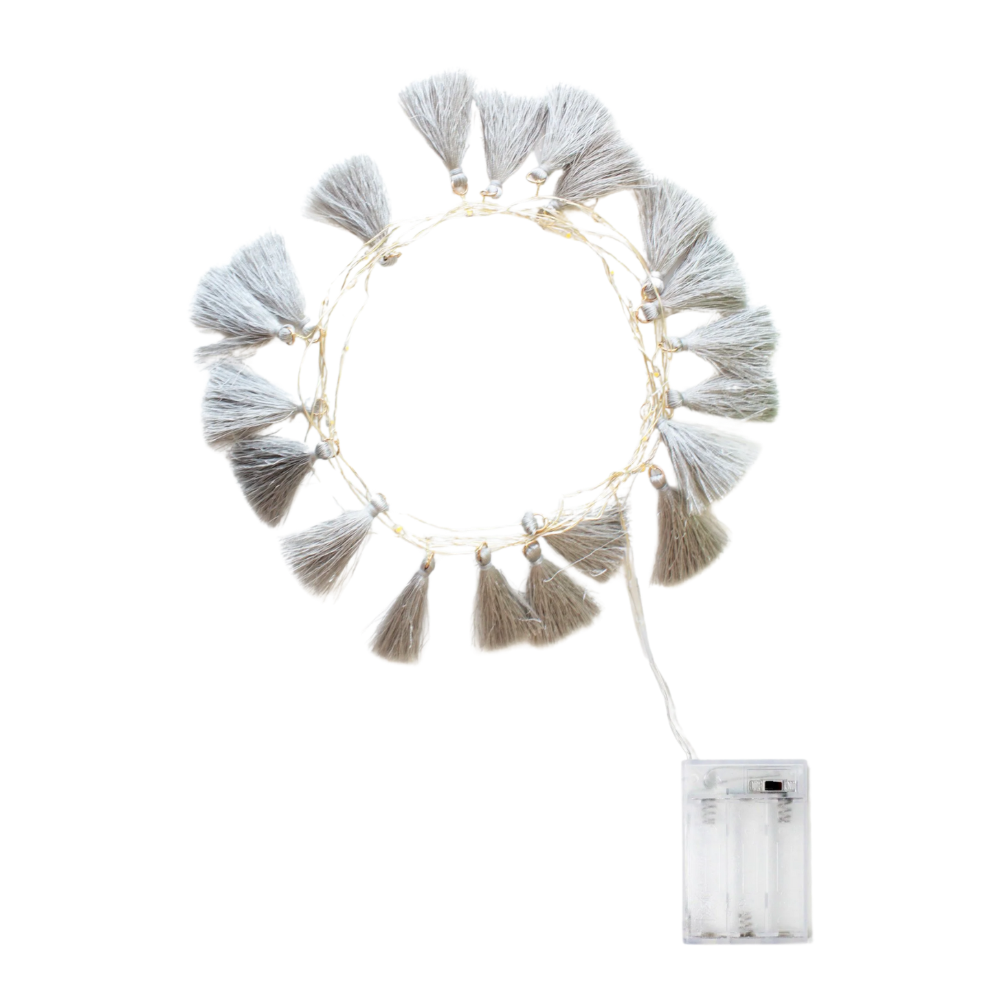 Elegani Boho Tassel Fairy String Lights – 20 LED Warm White Lights with Soft Grey Tassels, 7ft Decorative Light for Bedroom, Nursery, Dorm, or Party Décor-SMALL