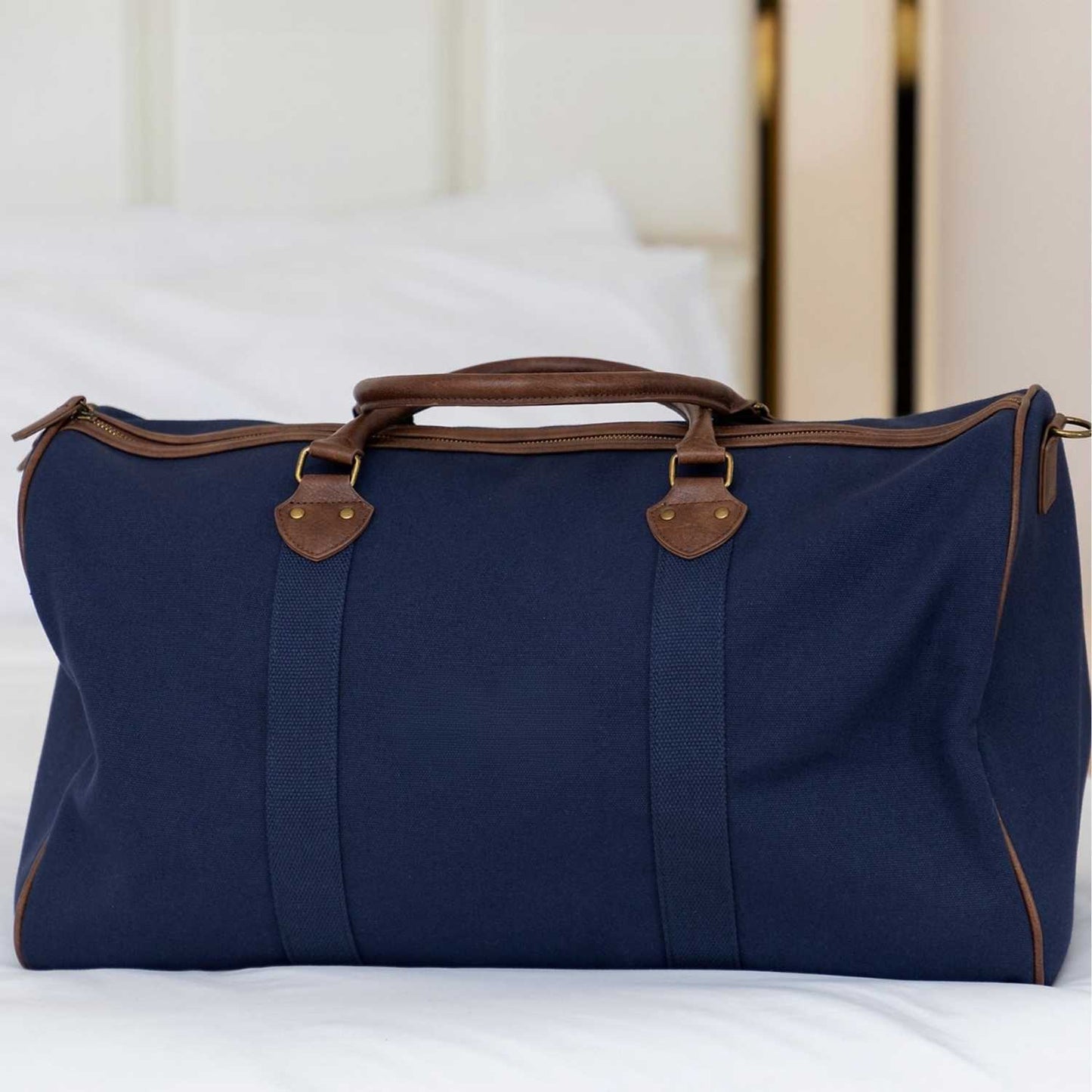 Elegani Touring Luxe Duffel Bag – 21.65" x 11.81" x 10.23", 42.9L Capacity, Eco-Friendly Recycled Canvas with Leatherette Accents-Navy