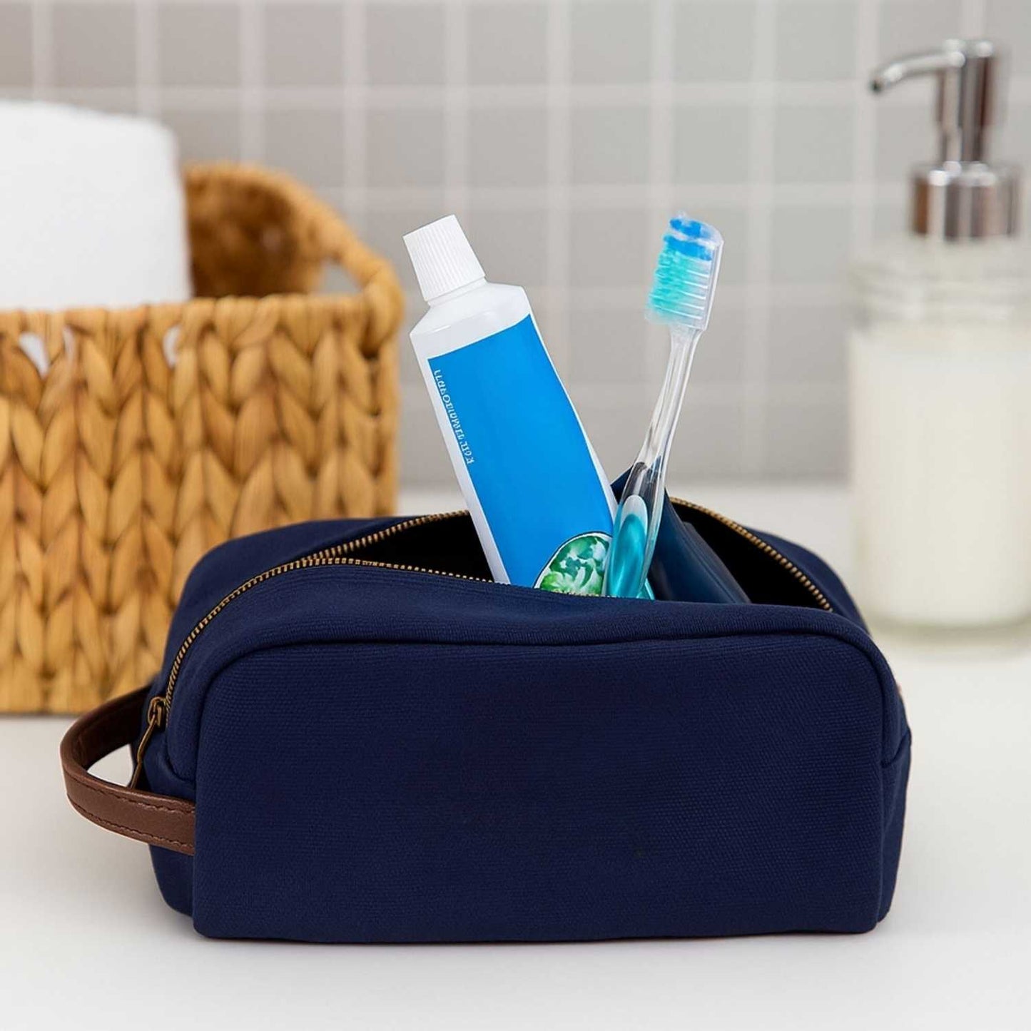 Elegani Touring Luxe Toiletry Bag – 9.84" x 4.72" x 5.90", Eco-Friendly Recycled Canvas with PU Accents-Navy