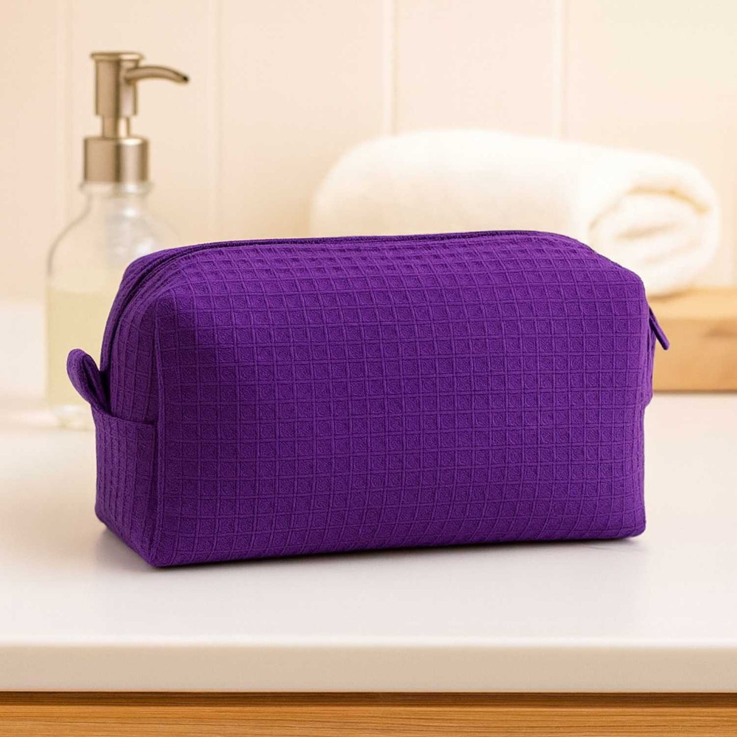 Elegani Waffle Weave Cosmetic Bag – 8" x 3.5" x 3.25" Travel Makeup Organizer with Zippered Compartment, Water-Repellent Lining-Purple