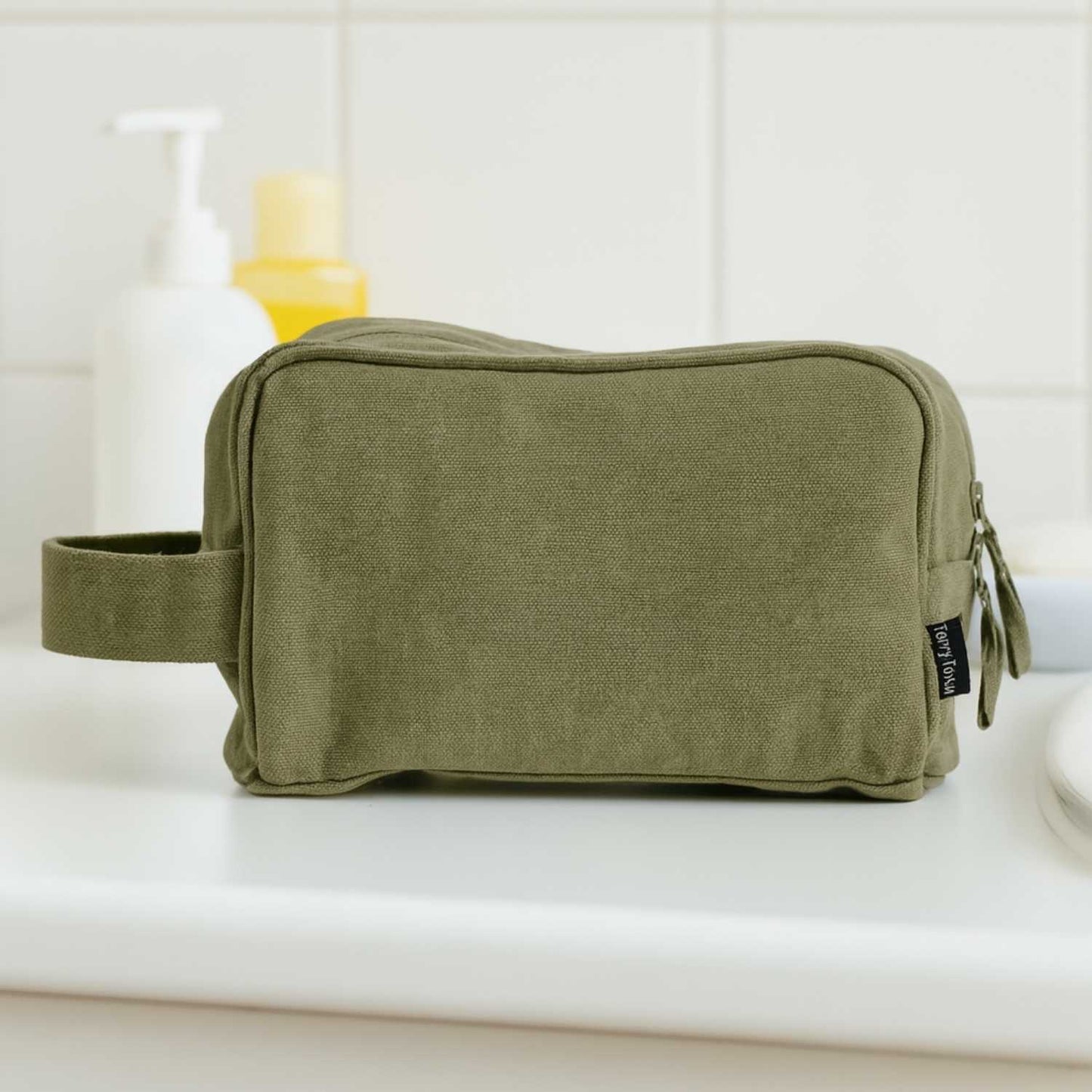 Elegani Canvas Toiletry Bag – 9" x 6" Travel Dopp Kit, 3L Capacity, Dual Zippered Compartments, Inner Pocket, Self-Fabric Handle-Olive Green