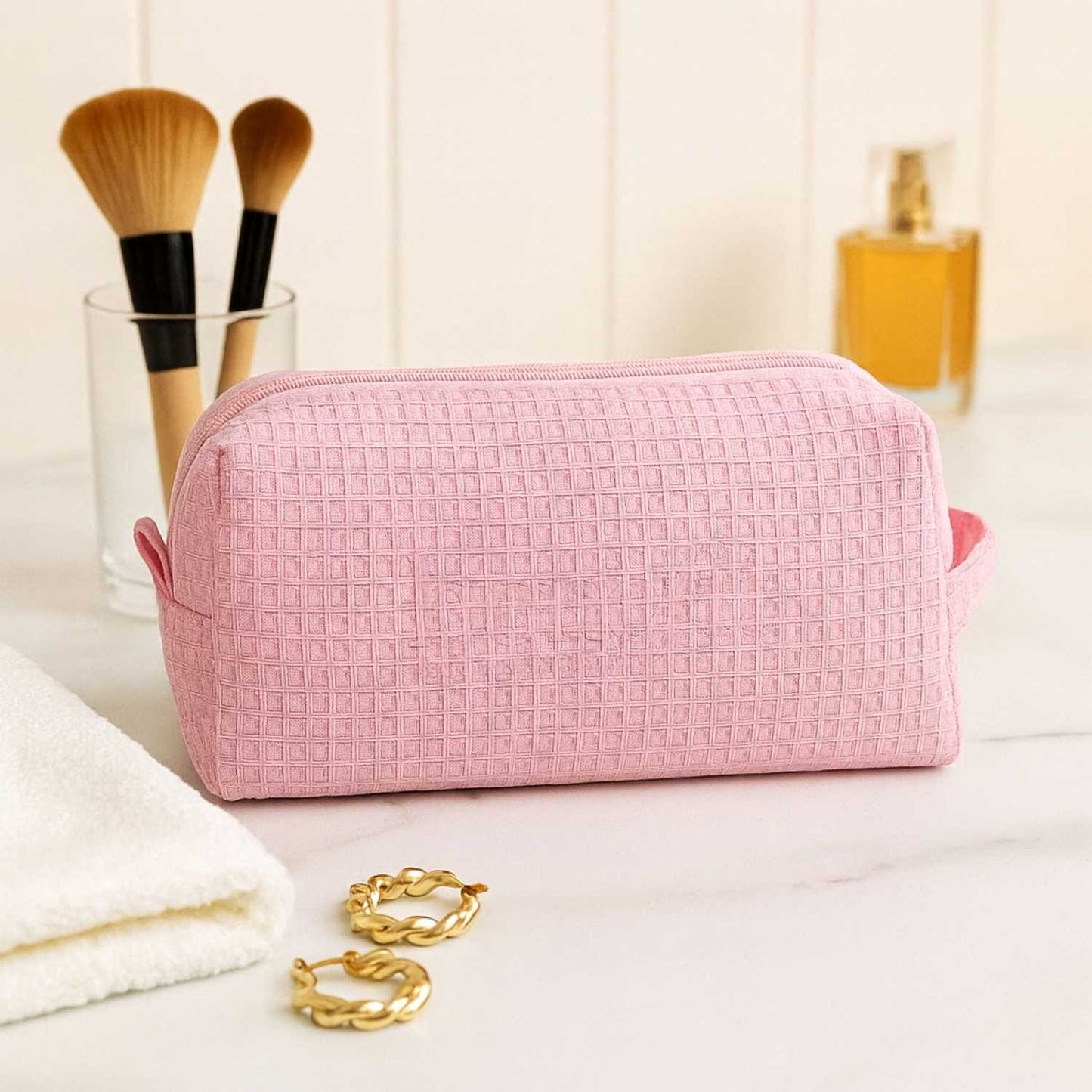 Elegani Waffle Weave Cosmetic Bag – 8" x 3.5" x 3.25" Travel Makeup Organizer with Zippered Compartment, Water-Repellent Lining-Light Pink
