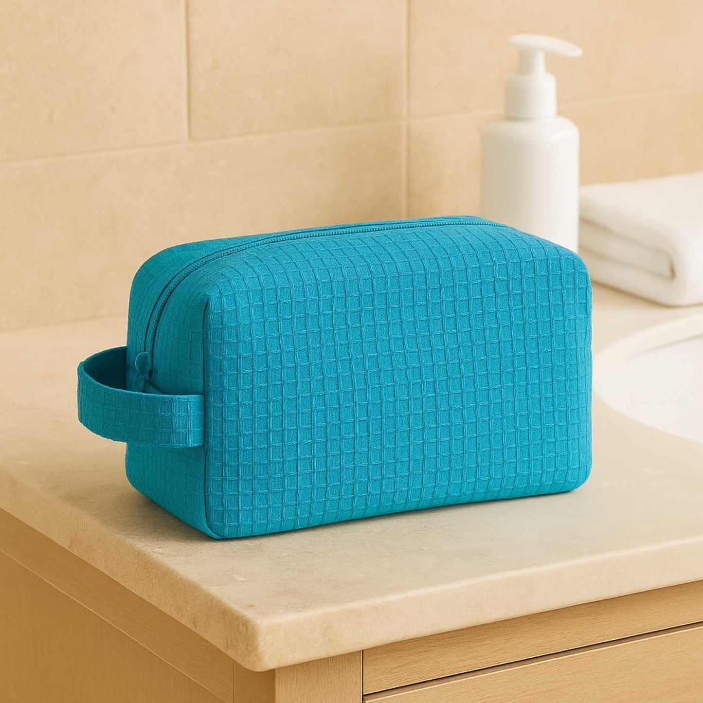 Elegani Waffle Weave Cosmetic Bag – 8" x 3.5" x 3.25" Travel Makeup Organizer with Zippered Compartment, Water-Repellent Lining-Aqua Blue
