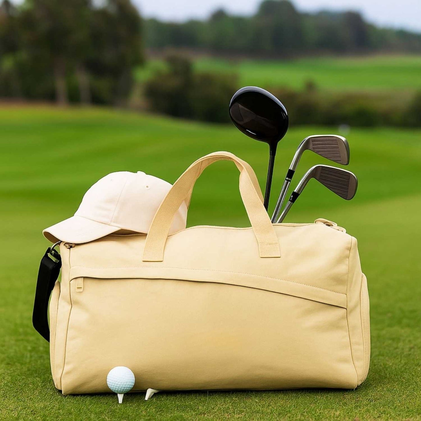 Elegani Essential Sports Duffel Bag – 21.6" x 11.02" x 9.84" Eco-Friendly Recycled Nylon, 38.5L Capacity, Water-Repellent, Multiple Compartments-Beige