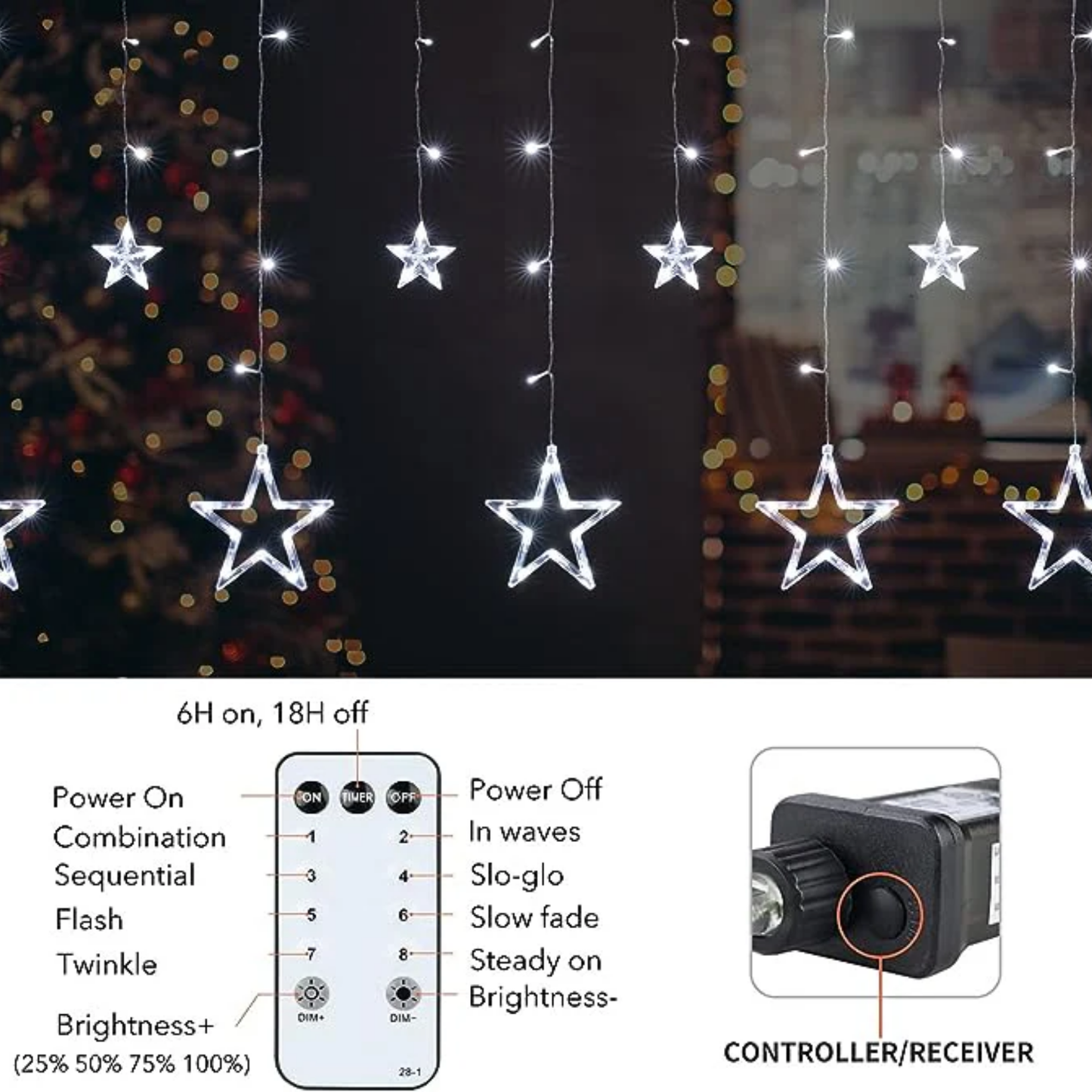 Elegani 138 LED Star Curtain Light – White Hanging String Lights with 12 Stars, 8 Lighting Modes, Plug-in, for Indoor Outdoor Room Party Backdrop