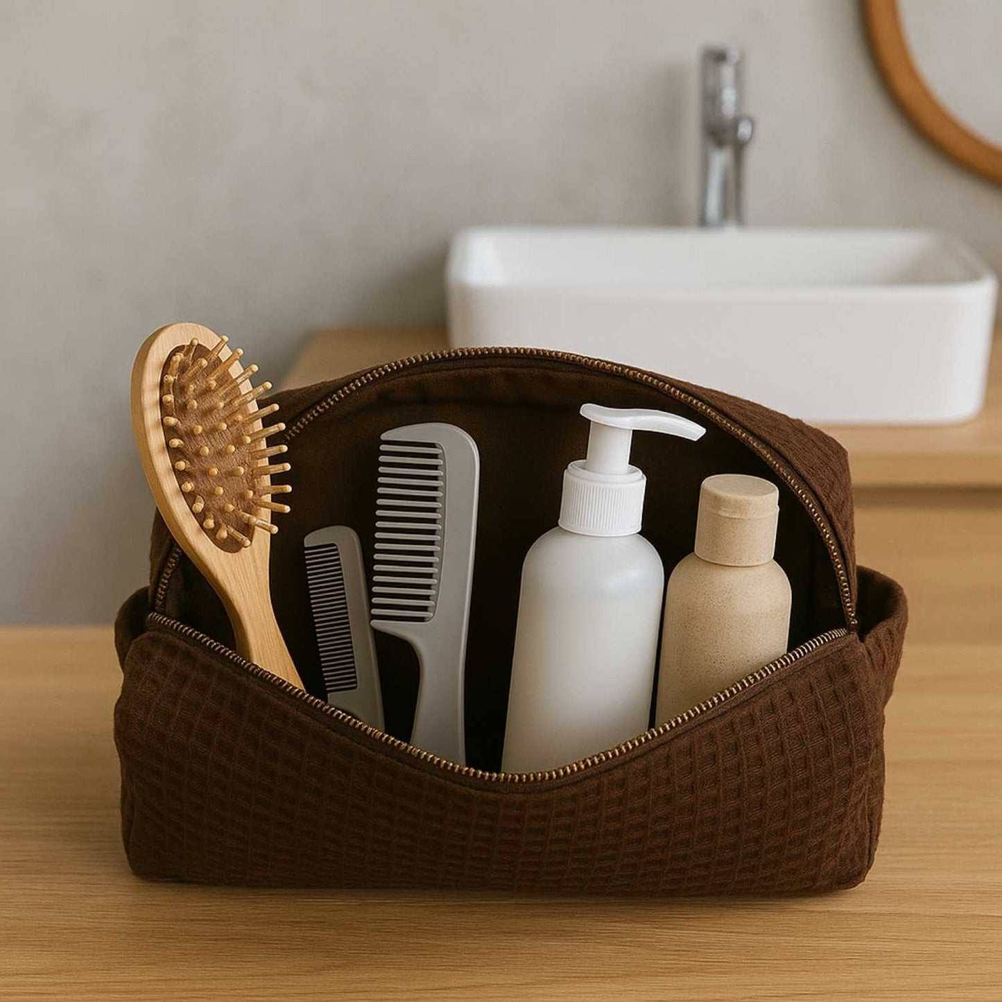 Elegani Waffle Weave Cosmetic Bag – 8" x 3.5" x 3.25" Travel Makeup Organizer with Zippered Compartment, Water-Repellent Lining-Chocolate