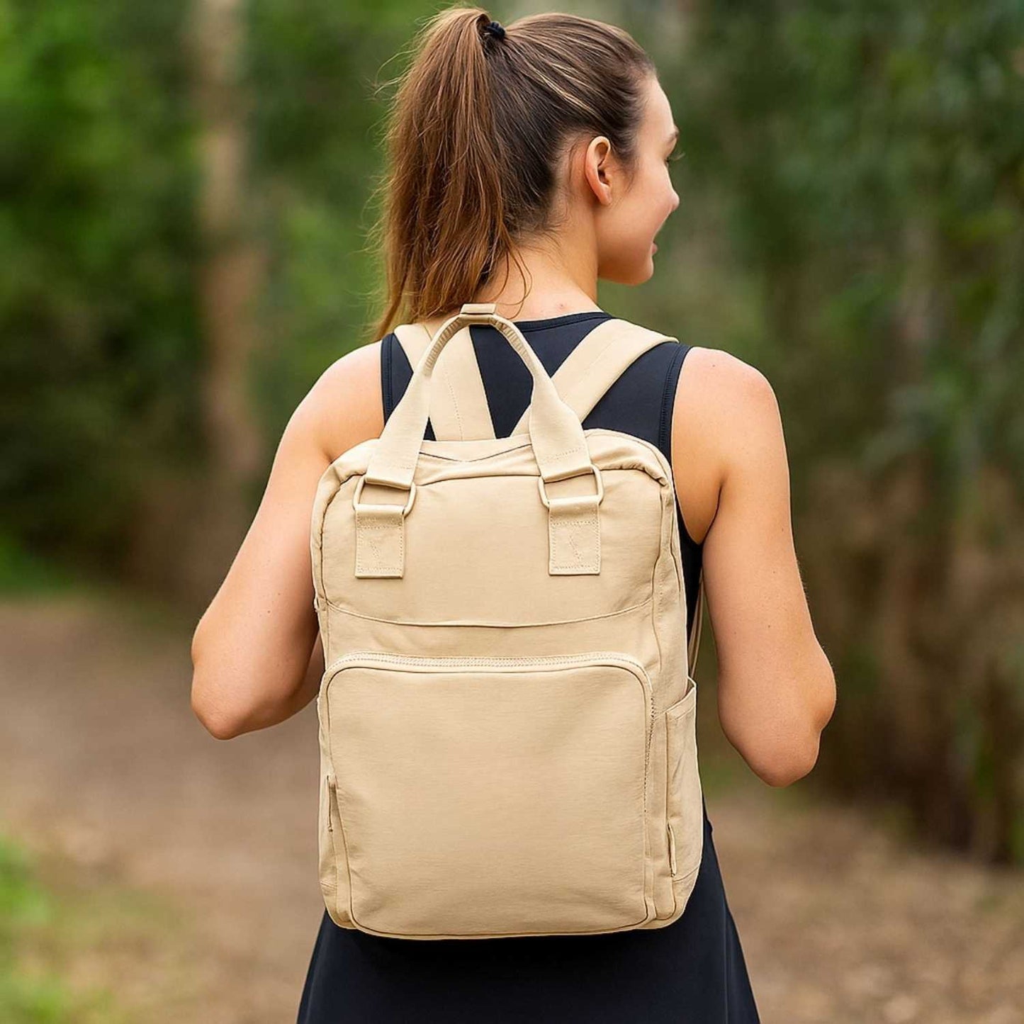 Elegani Essential Tote Backpack – 11.41" x 15.35" x 5.11" Eco-Friendly Recycled Waterproof Nylon, 14.7L Capacity, Fits 15" Laptop, Multiple Compartments-Beige