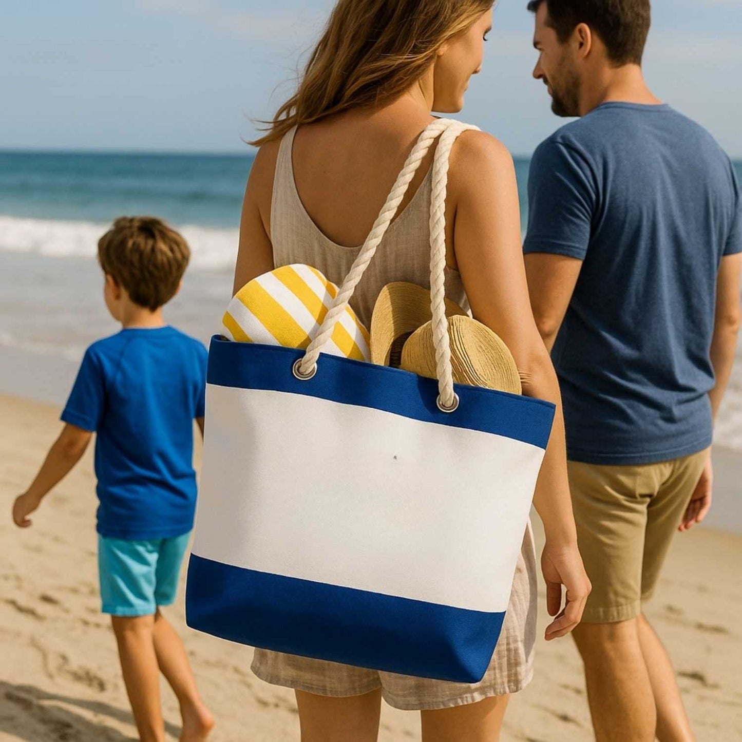 Elegani Nautical Beach Bag – 21" x 16" x 6" Canvas Tote with Cotton Rope Handles, Top Zipper Closure-Royal Blue