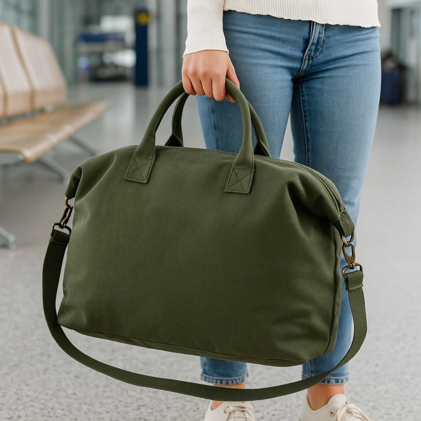 Elegani Canvas Weekender Bag – 24.8" x 16.5" Eco-Friendly 14 oz Recycled Canvas-Olive Green