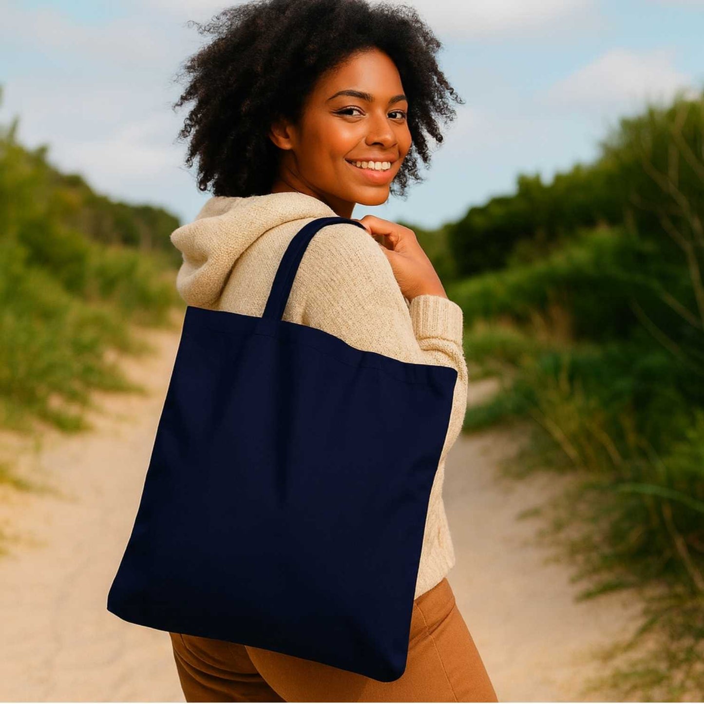 Elegani Classic Terry Tote Bag – 14.5" x 15.75" 100% Polyester with Terry Front & Cotton Backing, 24" Handles-Navy