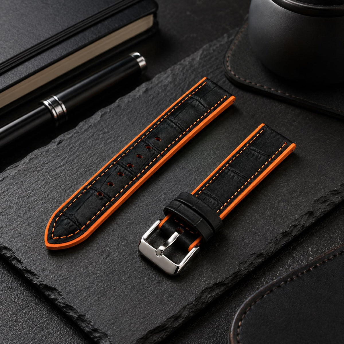 Leather & Rubber Hybrid Watch Replacement Band Compatible with Omega x Swatch MoonSwatch 20mm, Black/Orange