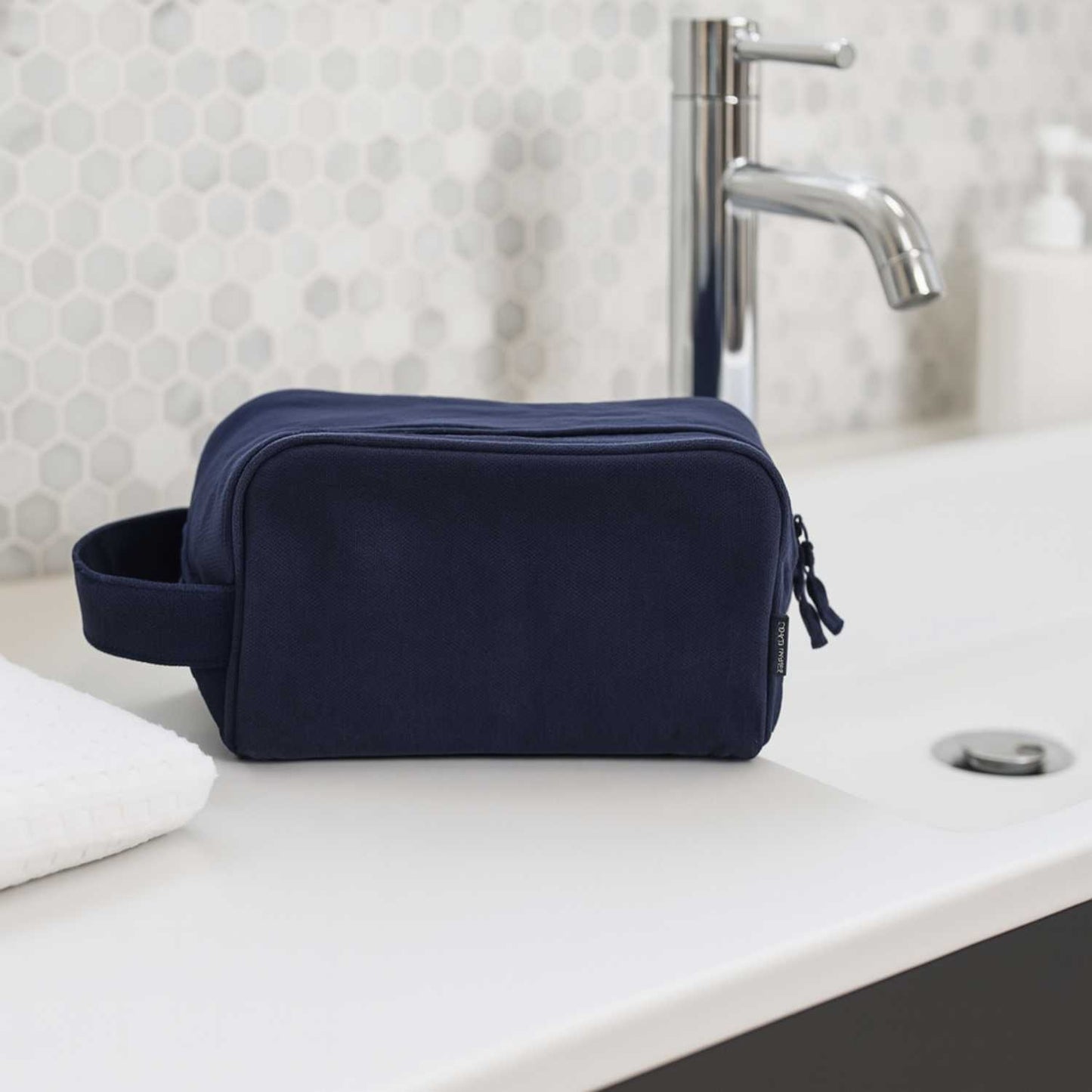 Elegani Canvas Toiletry Bag – 9" x 6" Travel Dopp Kit, 3L Capacity, Dual Zippered Compartments, Inner Pocket, Self-Fabric Handle-Navy