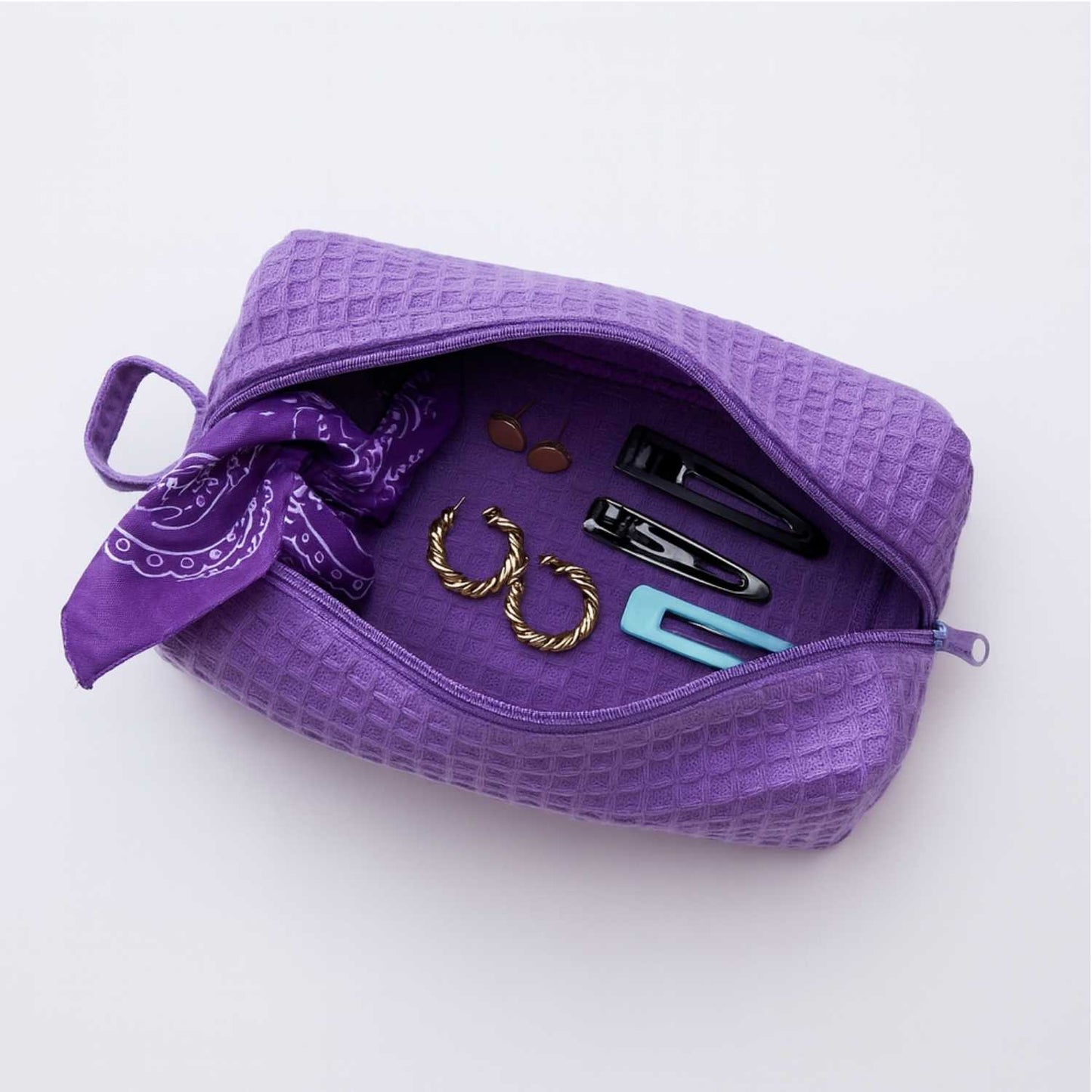 Elegani Waffle Weave Cosmetic Bag – 8" x 3.5" x 3.25" Travel Makeup Organizer with Zippered Compartment, Water-Repellent Lining-Lavender