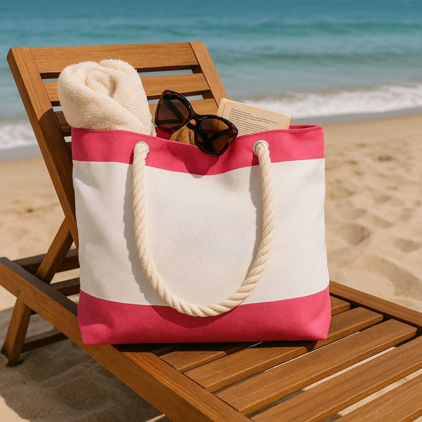 Elegani Nautical Beach Bag – 21" x 16" x 6" Canvas Tote with Cotton Rope Handles, Top Zipper Closure-Pink