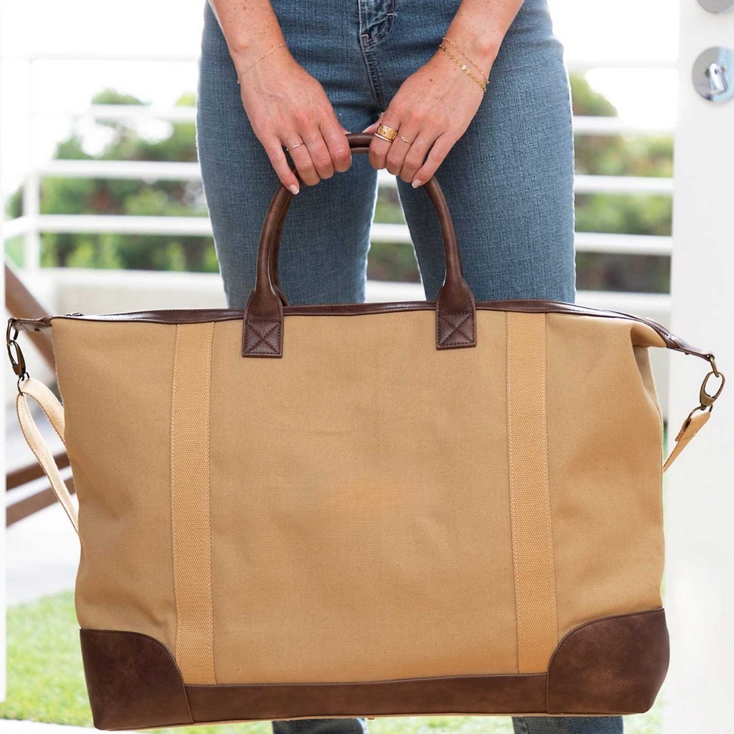 Elegani Touring Luxe Weekender Bag – 21.65" x 12.59", Eco-Friendly Recycled Canvas with Leatherette Accents, Spacious Travel Duffel-Tan