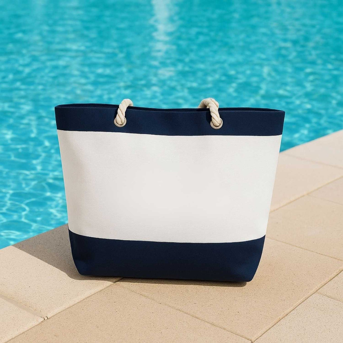 Elegani Nautical Beach Bag – 21" x 16" x 6" Canvas Tote with Cotton Rope Handles, Top Zipper Closure-Navy