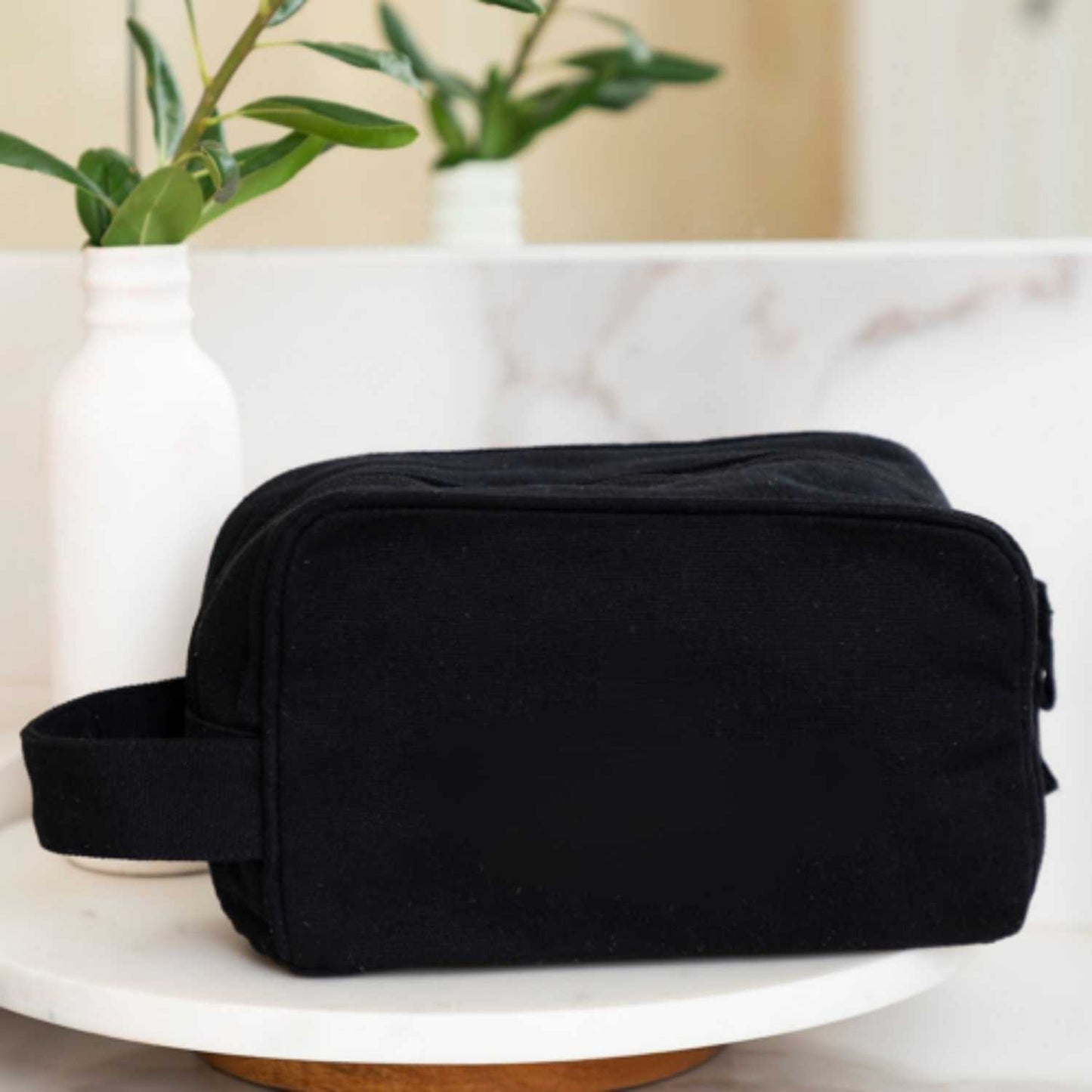 Elegani Canvas Toiletry Bag – 9" x 6" Travel Dopp Kit, 3L Capacity, Dual Zippered Compartments, Inner Pocket, Self-Fabric Handle-Black