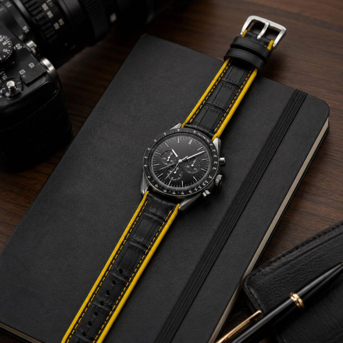 Leather & Rubber Hybrid Watch Replacement Band Compatible with Omega x Swatch MoonSwatch 20mm, Black/Yellow