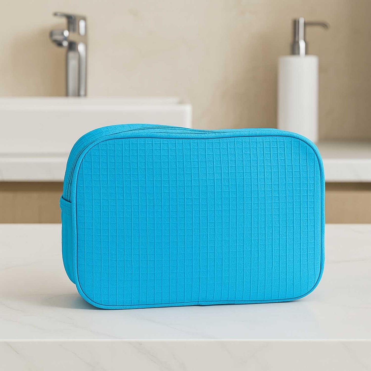 Elegani Waffle Weave Large Cosmetic Bag – 9.75" x 4" x 7" Travel Makeup Organizer with Dual Zippered Compartments, 3 Interior Pockets, Water-Repellent Lining-Aqua Blue