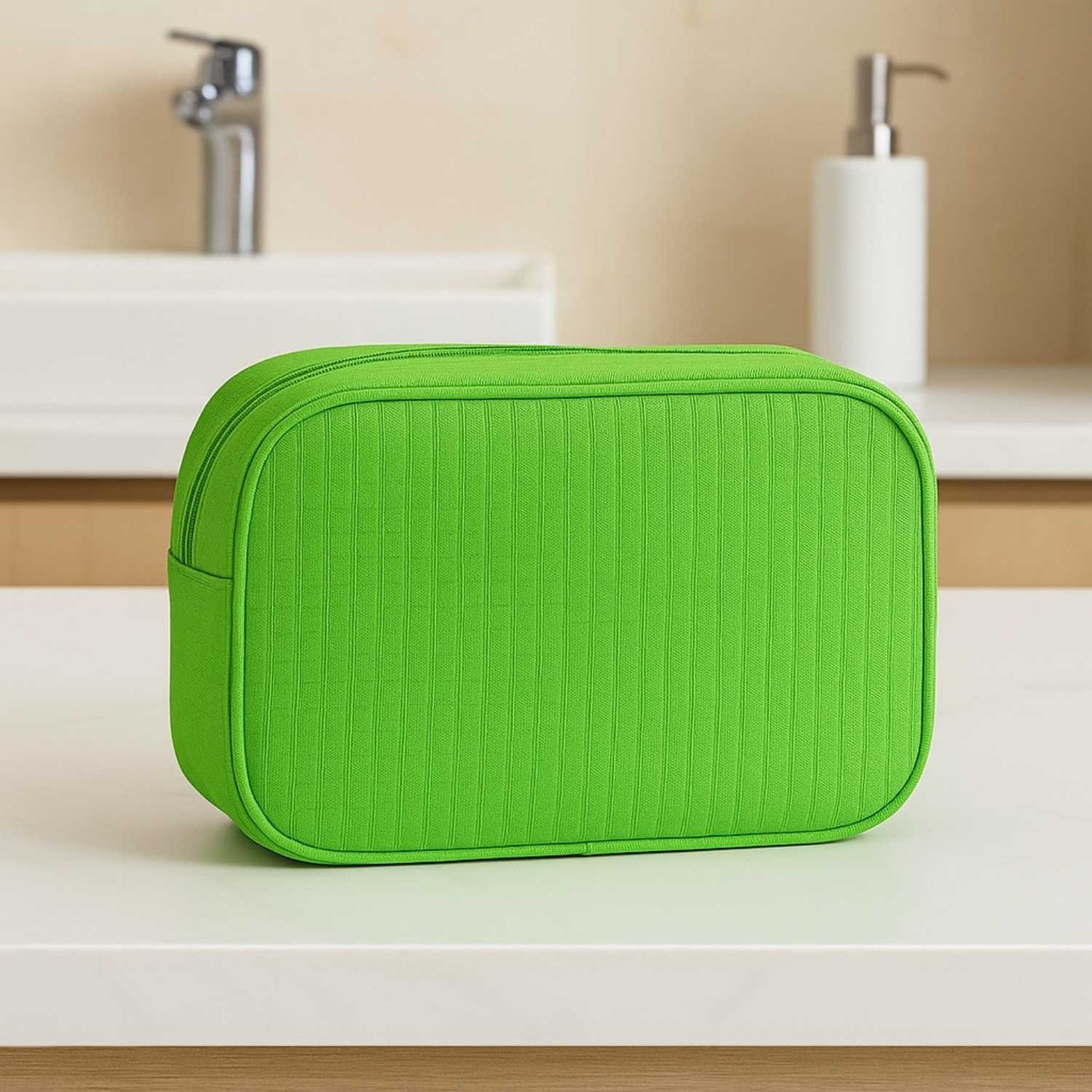 Elegani Waffle Weave Large Cosmetic Bag – 9.75" x 4" x 7" Travel Makeup Organizer with Dual Zippered Compartments, 3 Interior Pockets, Water-Repellent Lining-Lime Green