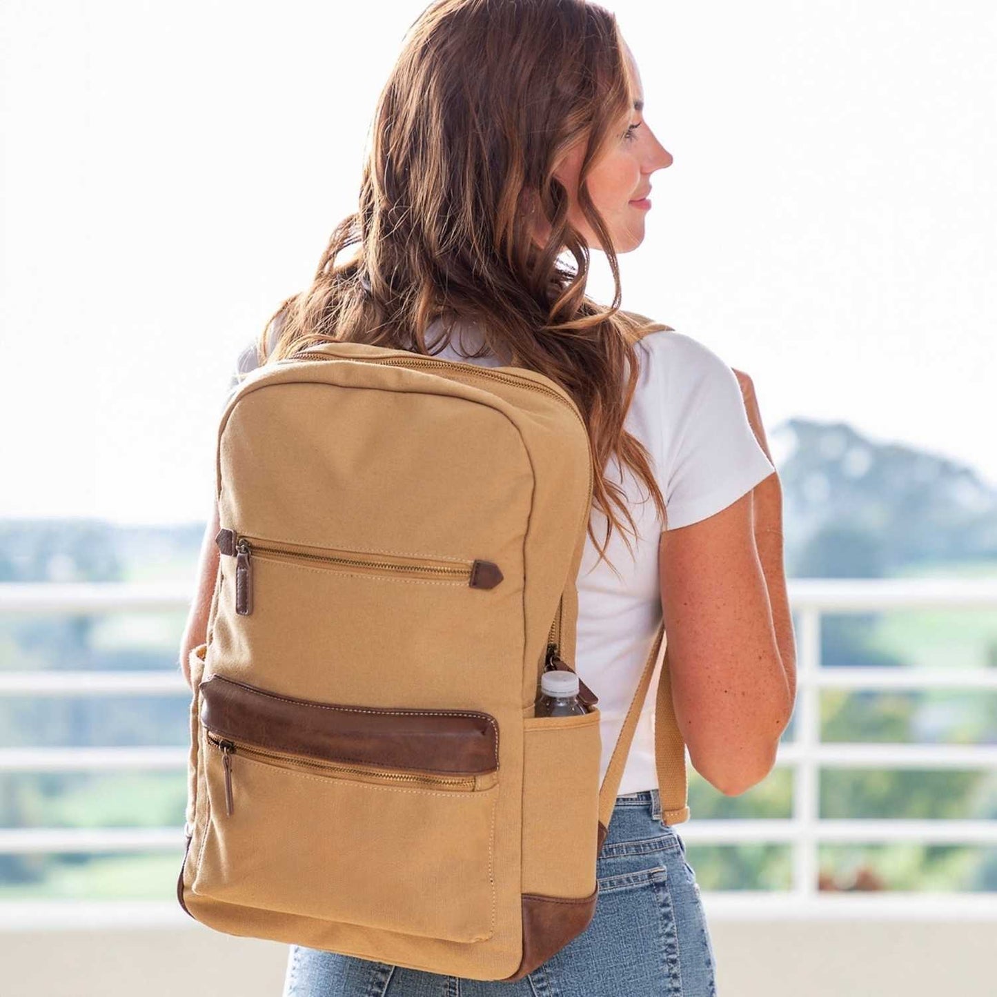 Elegani Touring Luxe Backpack – 11.02" x 18.50" x 5.11", Eco-Friendly Recycled Canvas-Tan