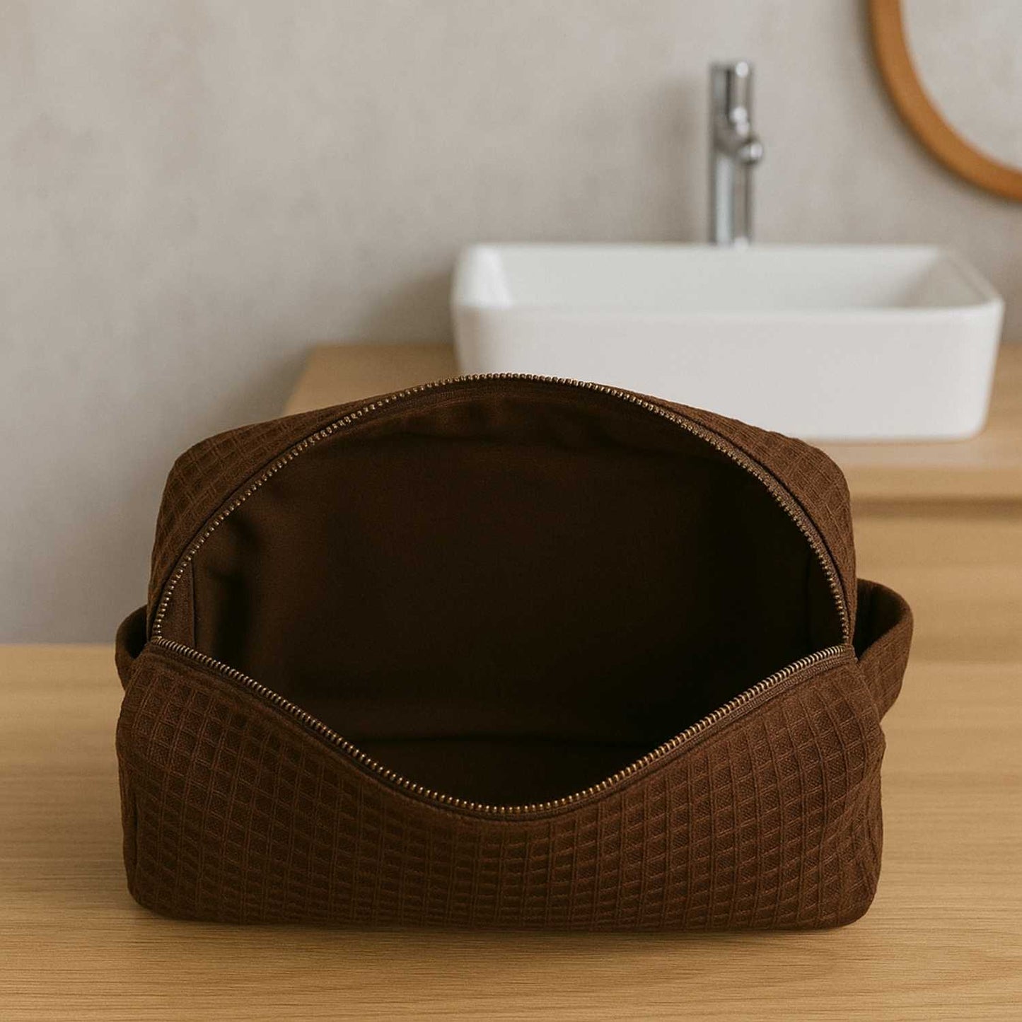 Elegani Waffle Weave Cosmetic Bag – 8" x 3.5" x 3.25" Travel Makeup Organizer with Zippered Compartment, Water-Repellent Lining-Chocolate