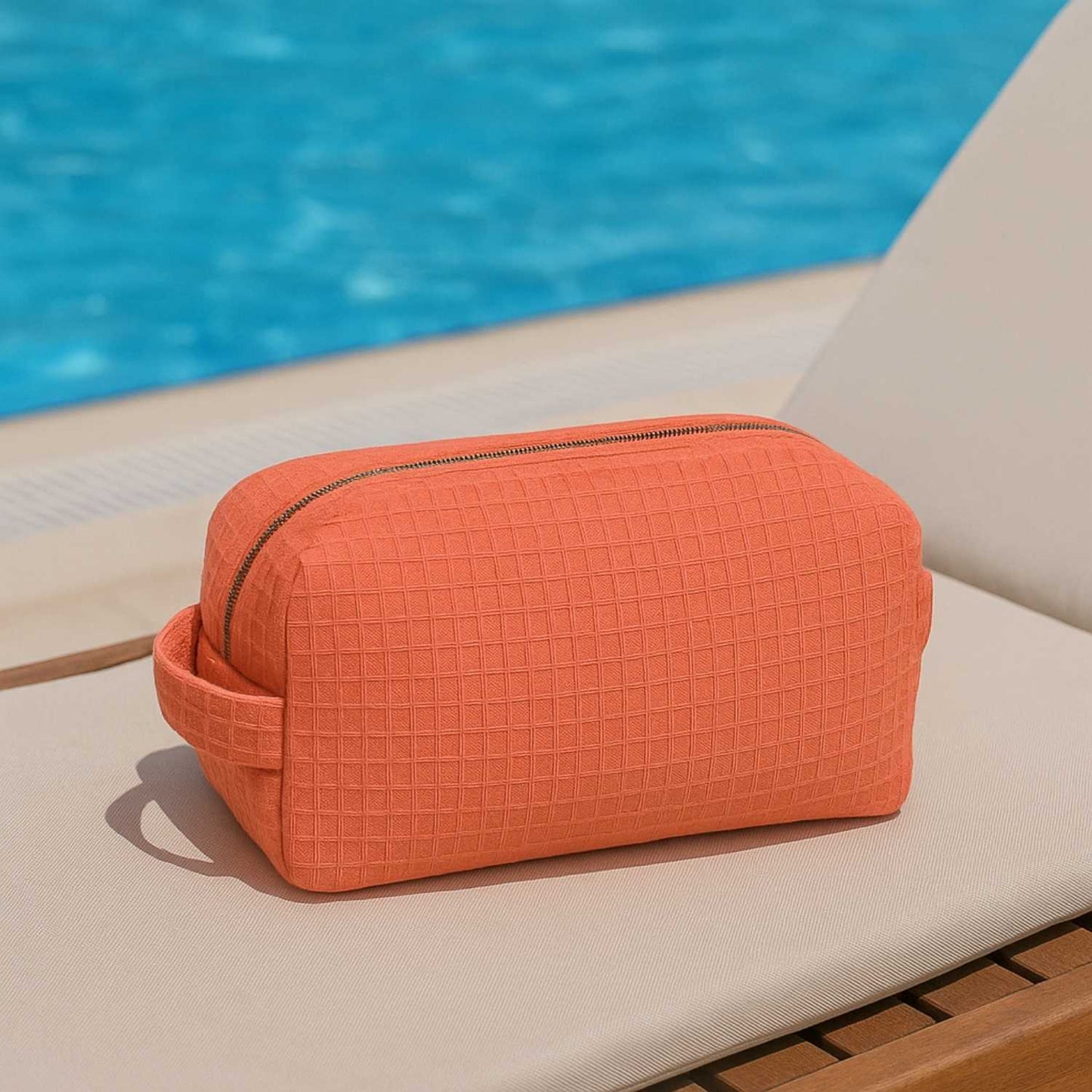 Elegani Waffle Weave Cosmetic Bag – 8" x 3.5" x 3.25" Travel Makeup Organizer with Zippered Compartment, Water-Repellent Lining-Coral