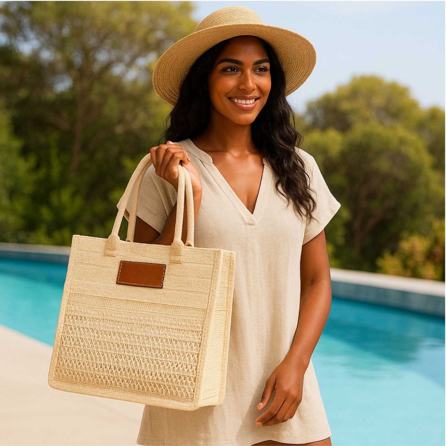 Elegani Woven Straw Beach Tote – 16.5" x 12.5" x 6", Durable Natural Straw-Cream