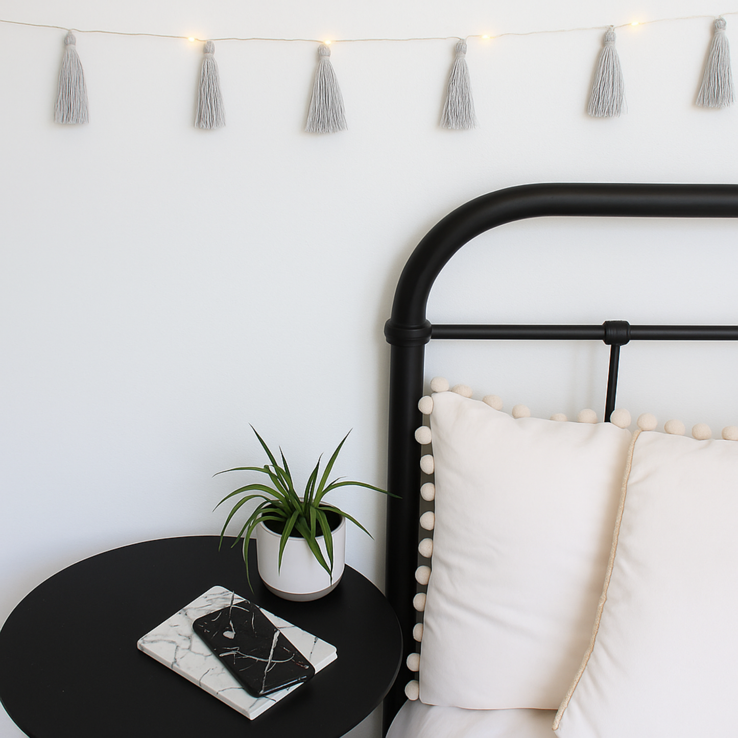 Elegani Boho Tassel Fairy String Lights – 20 LED Warm White Lights with Soft Grey Tassels, 7ft Decorative Light for Bedroom, Nursery, Dorm, or Party Décor-SMALL