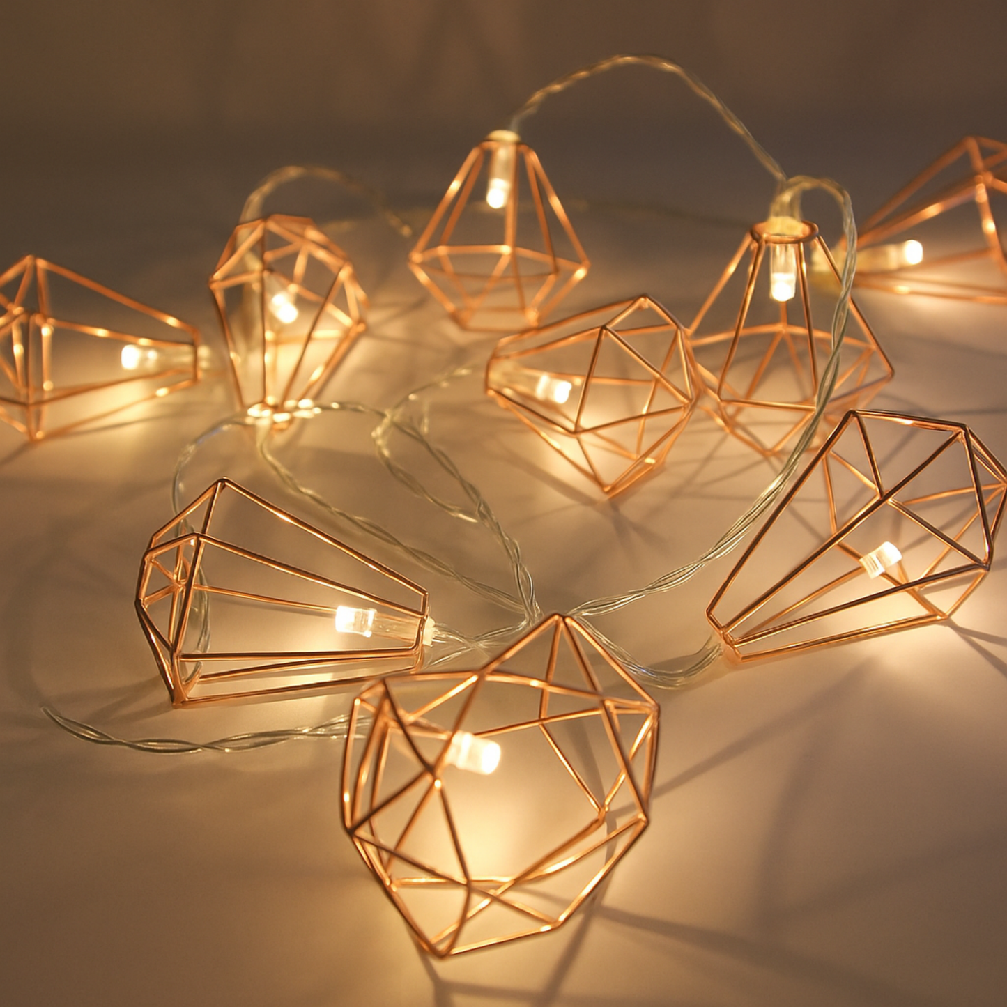 Elegani Rose Gold Diamond String Lights – 10 Warm White LED Lights on Copper Wire, 4.5ft Lighted Length – Decorative Lighting for Bedroom, Dorm, Shelf or Wall
