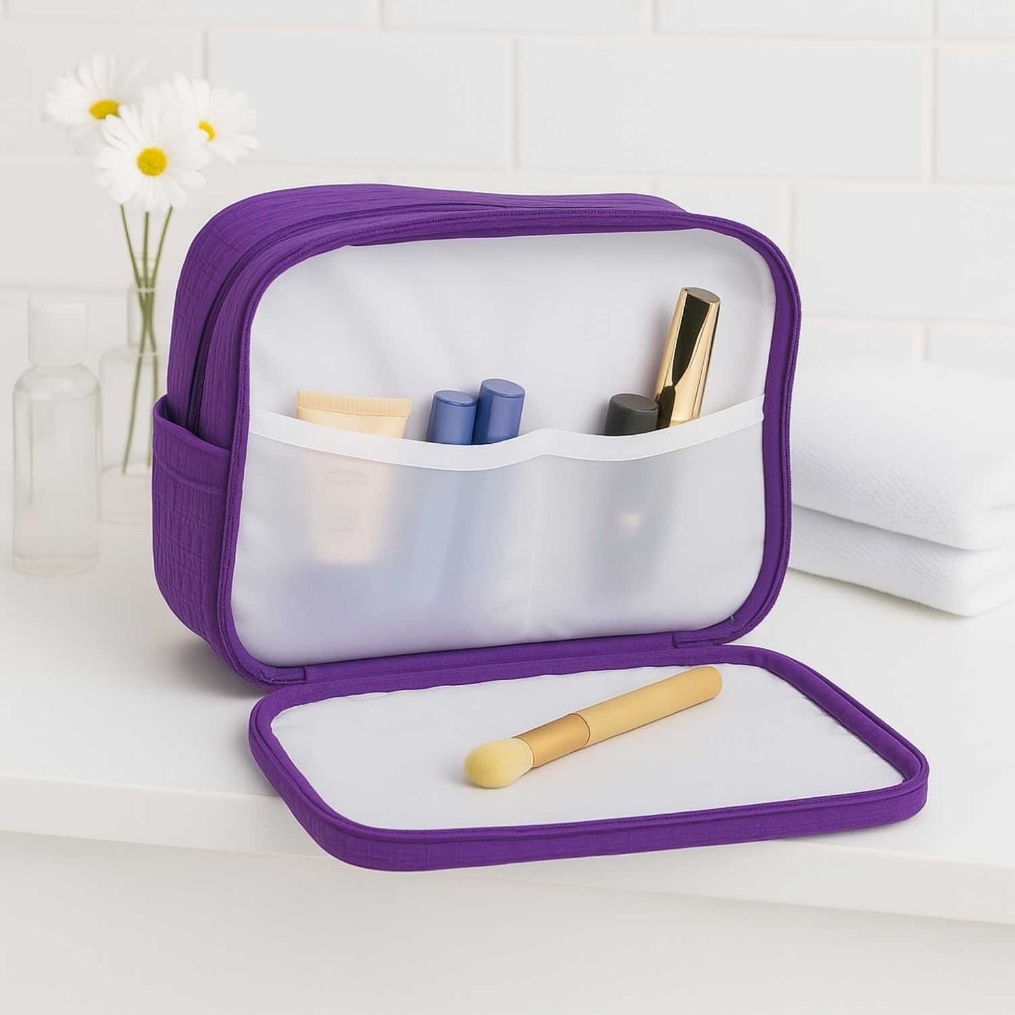 Elegani Waffle Weave Large Cosmetic Bag – 9.75" x 4" x 7" Travel Makeup Organizer with Dual Zippered Compartments, 3 Interior Pockets, Water-Repellent Lining-Purple