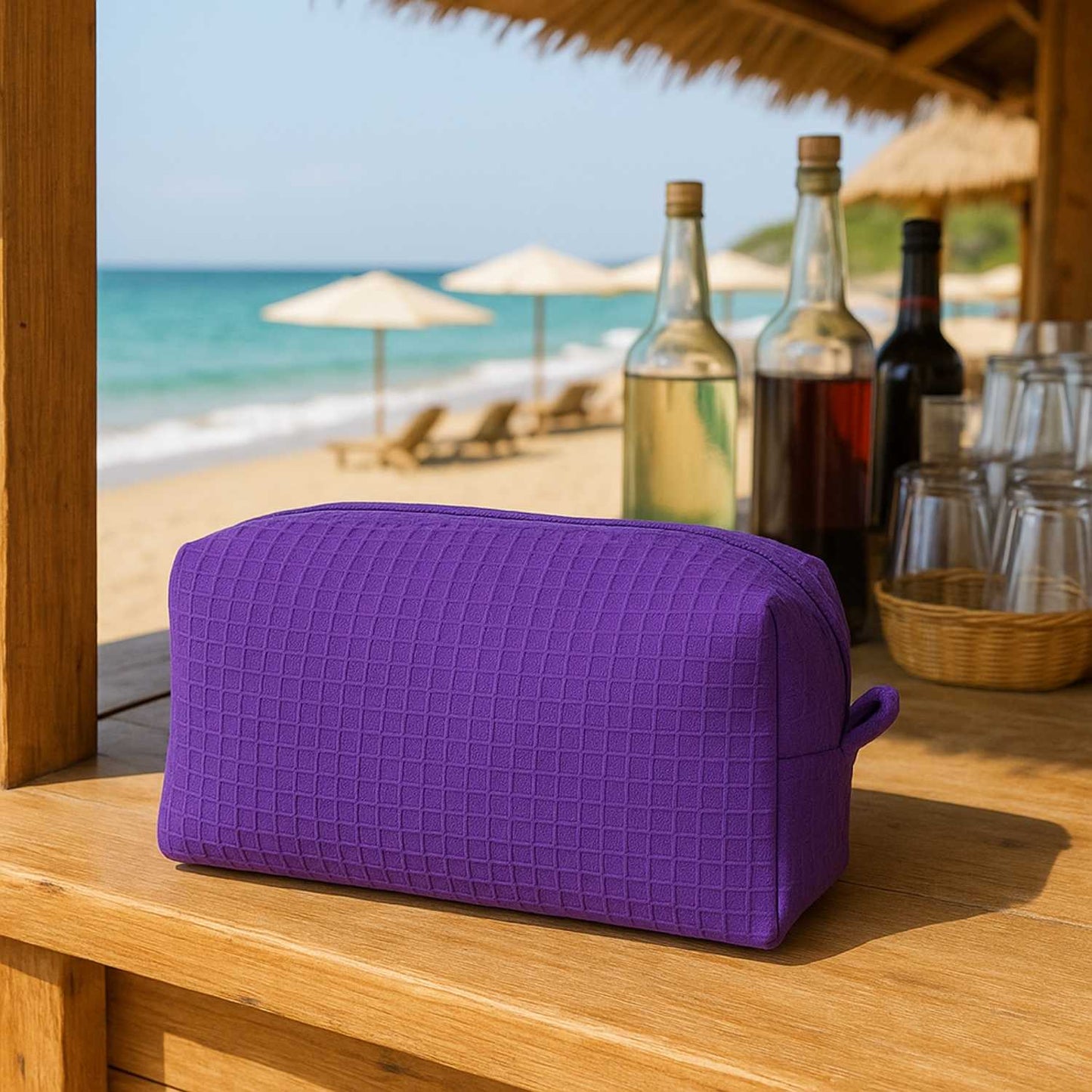 Elegani Waffle Weave Cosmetic Bag – 8" x 3.5" x 3.25" Travel Makeup Organizer with Zippered Compartment, Water-Repellent Lining-Purple