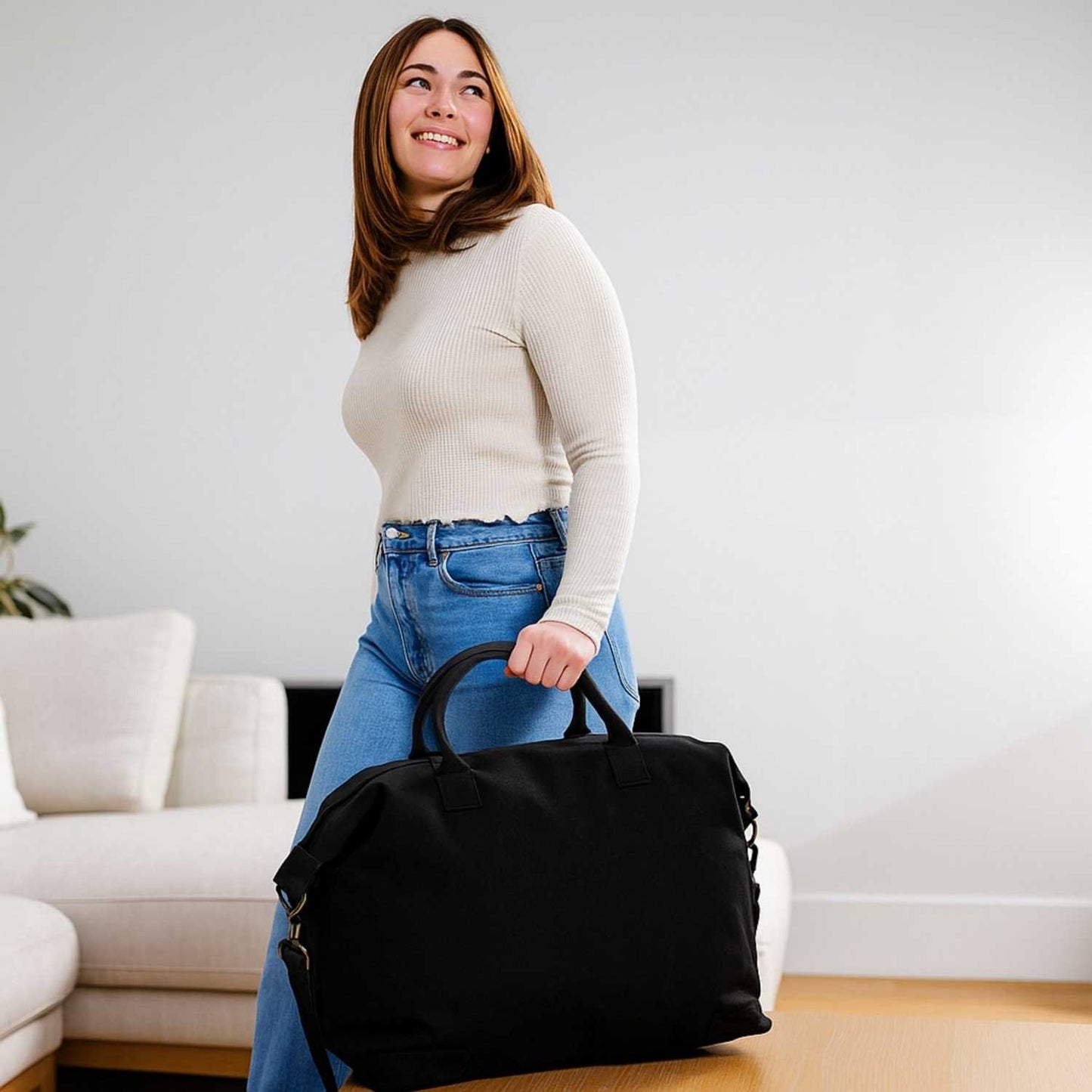 Elegani Canvas Weekender Bag – 24.8" x 16.5" Eco-Friendly 14 oz Recycled Canvas-Black