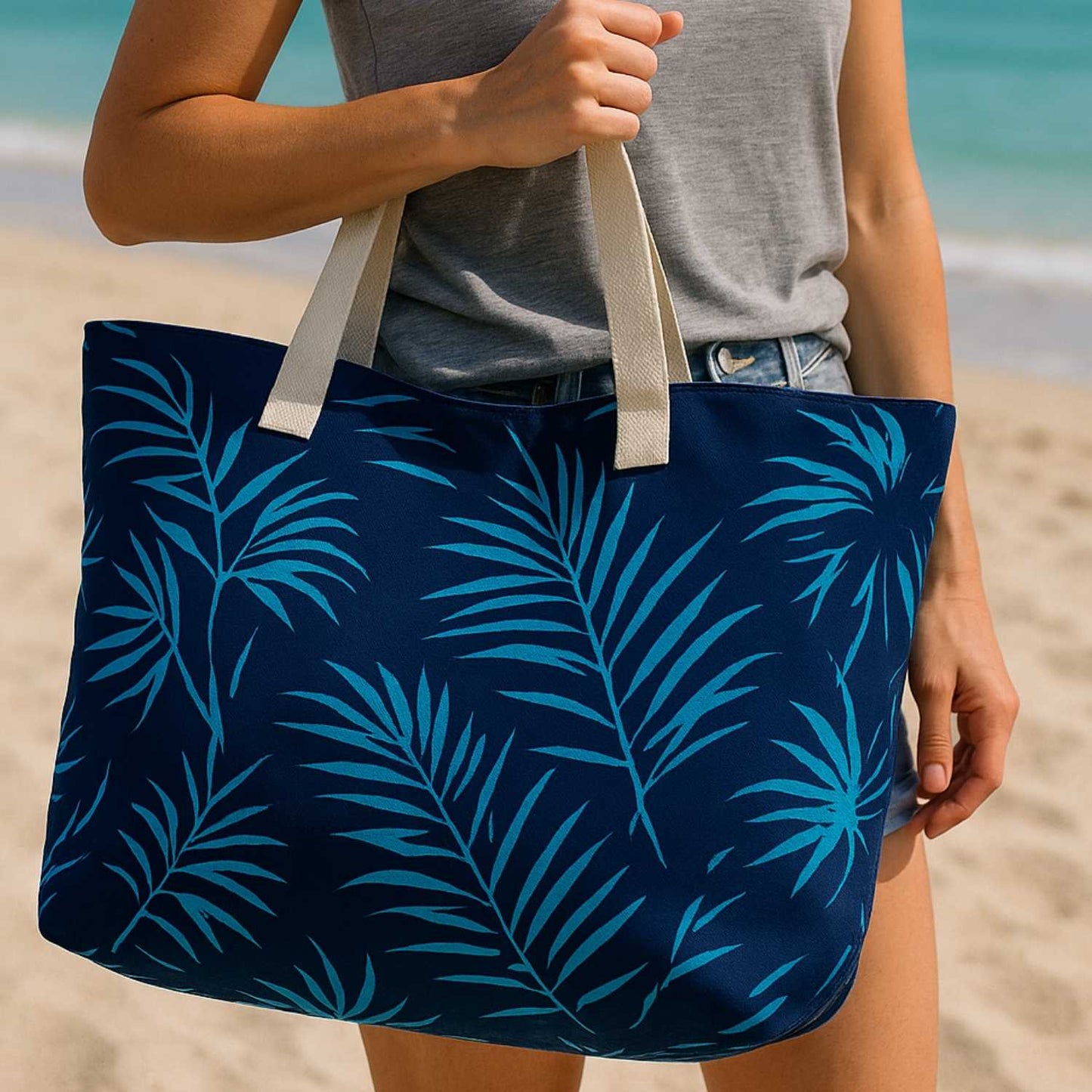 Elegani Coastal Tote Bag – 22" x 15" x 6" Polyester Canvas Beach Bag-Palm Tree