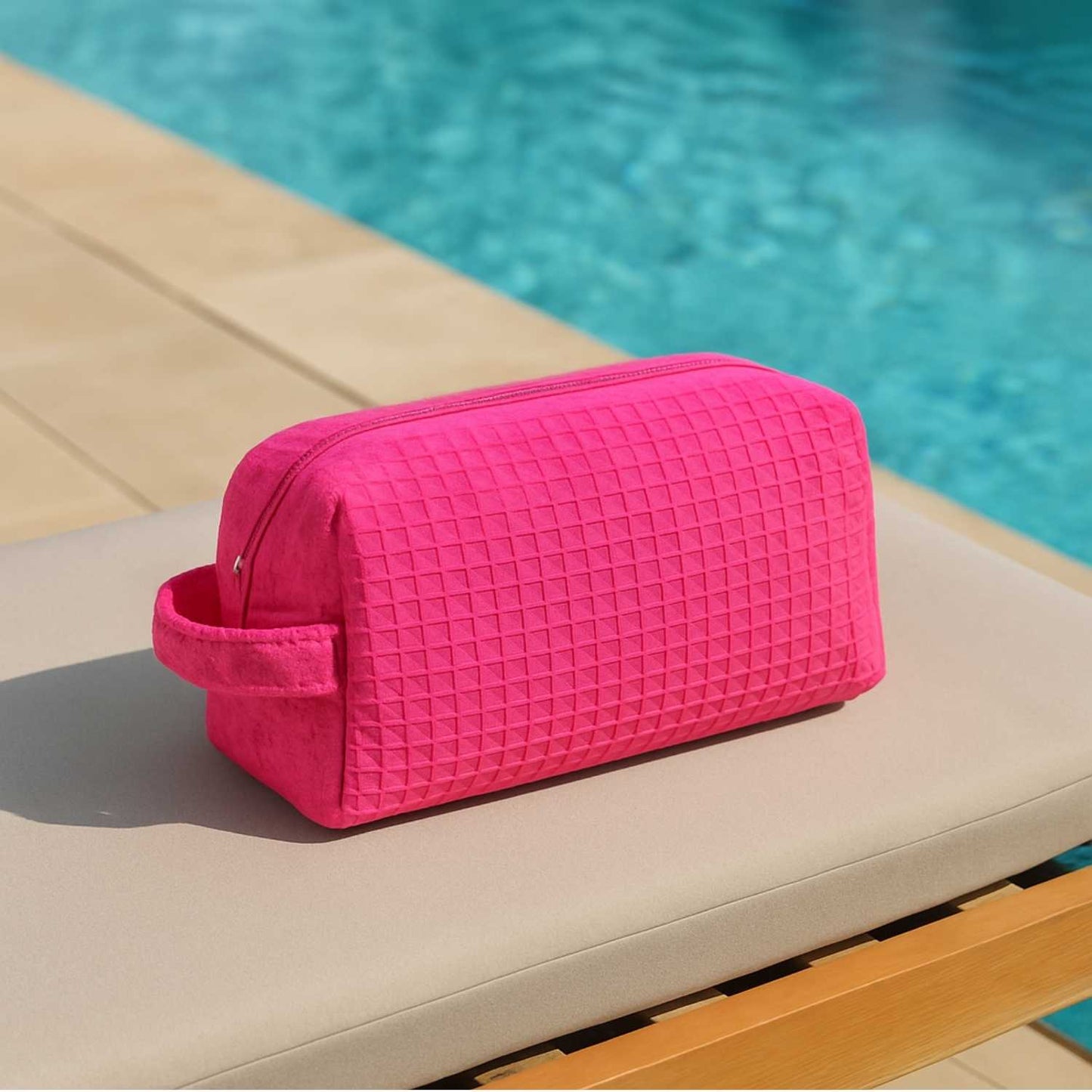 Elegani Waffle Weave Cosmetic Bag – 8" x 3.5" x 3.25" Travel Makeup Organizer with Zippered Compartment, Water-Repellent Lining-Hot Pink