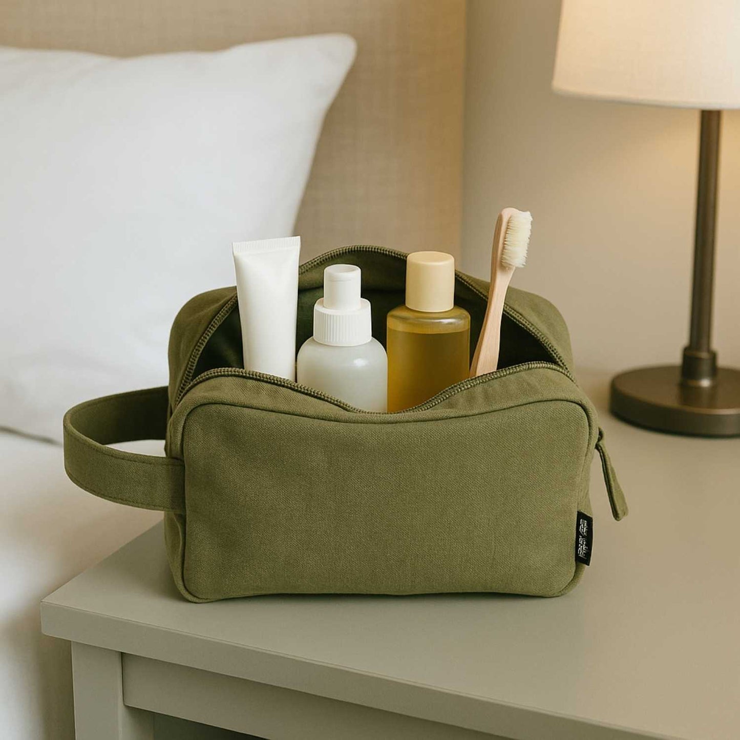 Elegani Canvas Toiletry Bag – 9" x 6" Travel Dopp Kit, 3L Capacity, Dual Zippered Compartments, Inner Pocket, Self-Fabric Handle-Olive Green