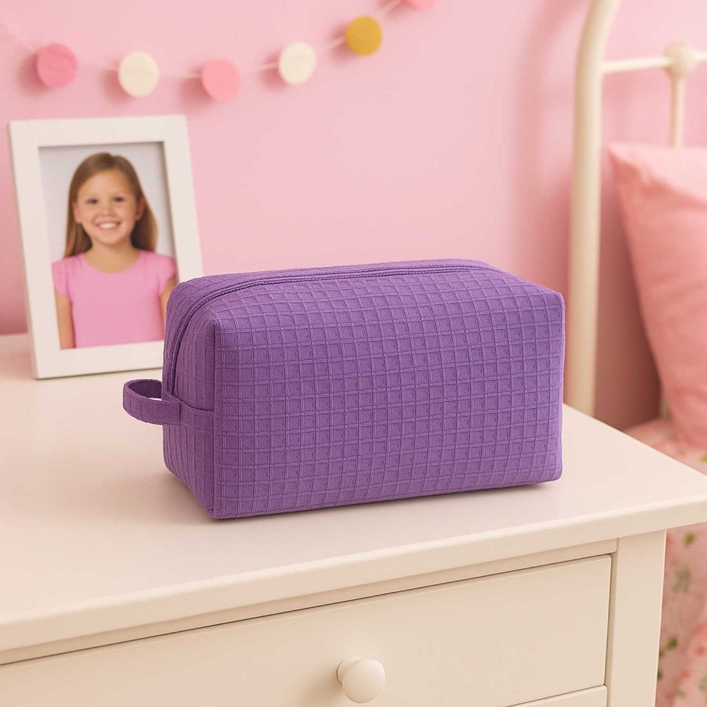 Elegani Waffle Weave Cosmetic Bag – 8" x 3.5" x 3.25" Travel Makeup Organizer with Zippered Compartment, Water-Repellent Lining-Lavender