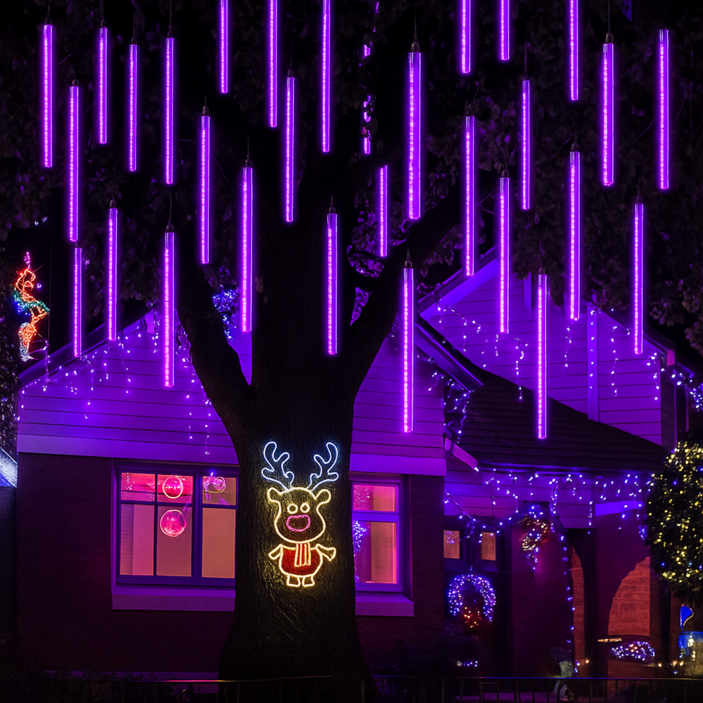 Elegani 8-Tube Snowfall Lights – 50cm Purple LED Meteor Shower Lights, Indoor/Outdoor, Waterproof, Plug-In, Holiday & Party Decoration