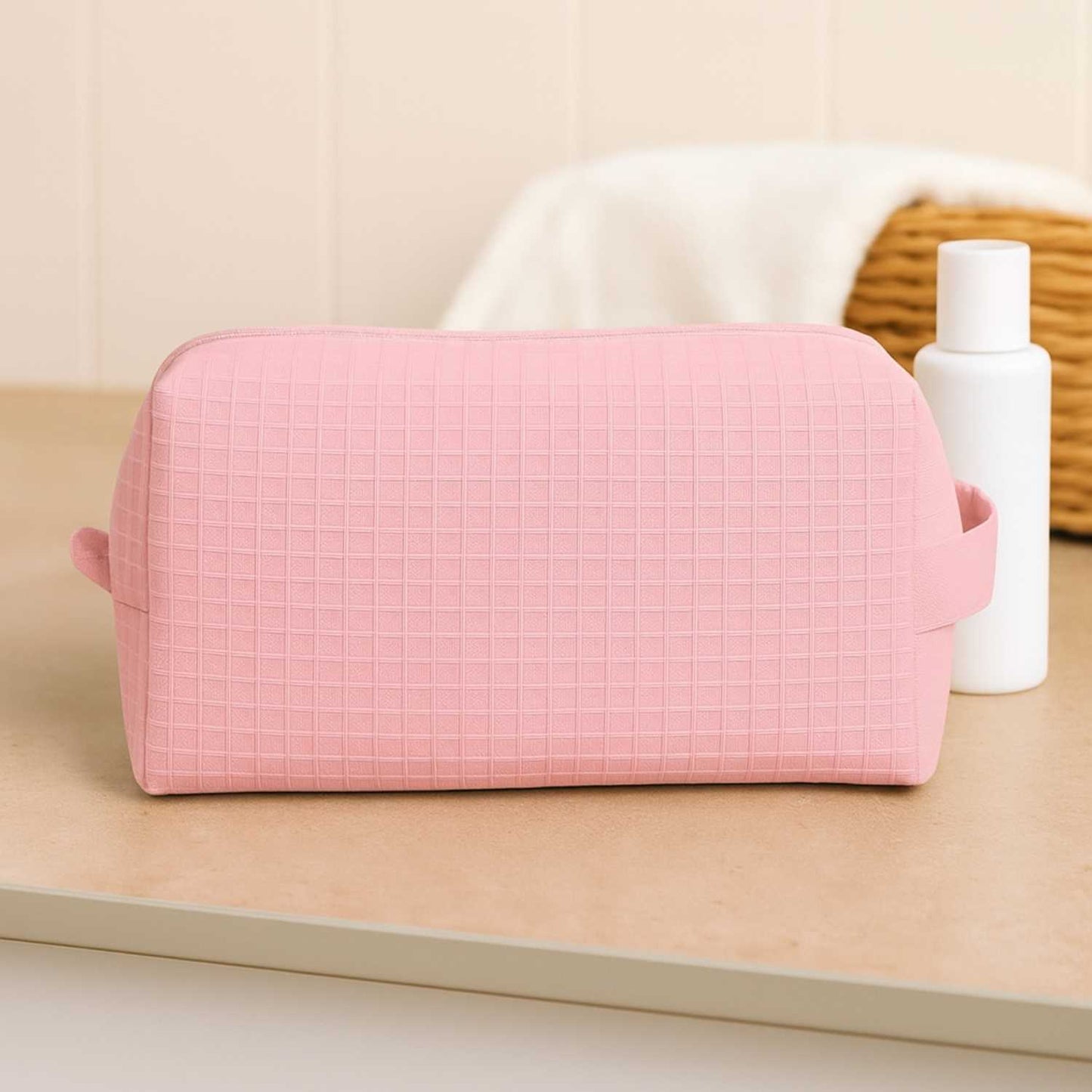 Elegani Waffle Weave Cosmetic Bag – 8" x 3.5" x 3.25" Travel Makeup Organizer with Zippered Compartment, Water-Repellent Lining-Light Pink
